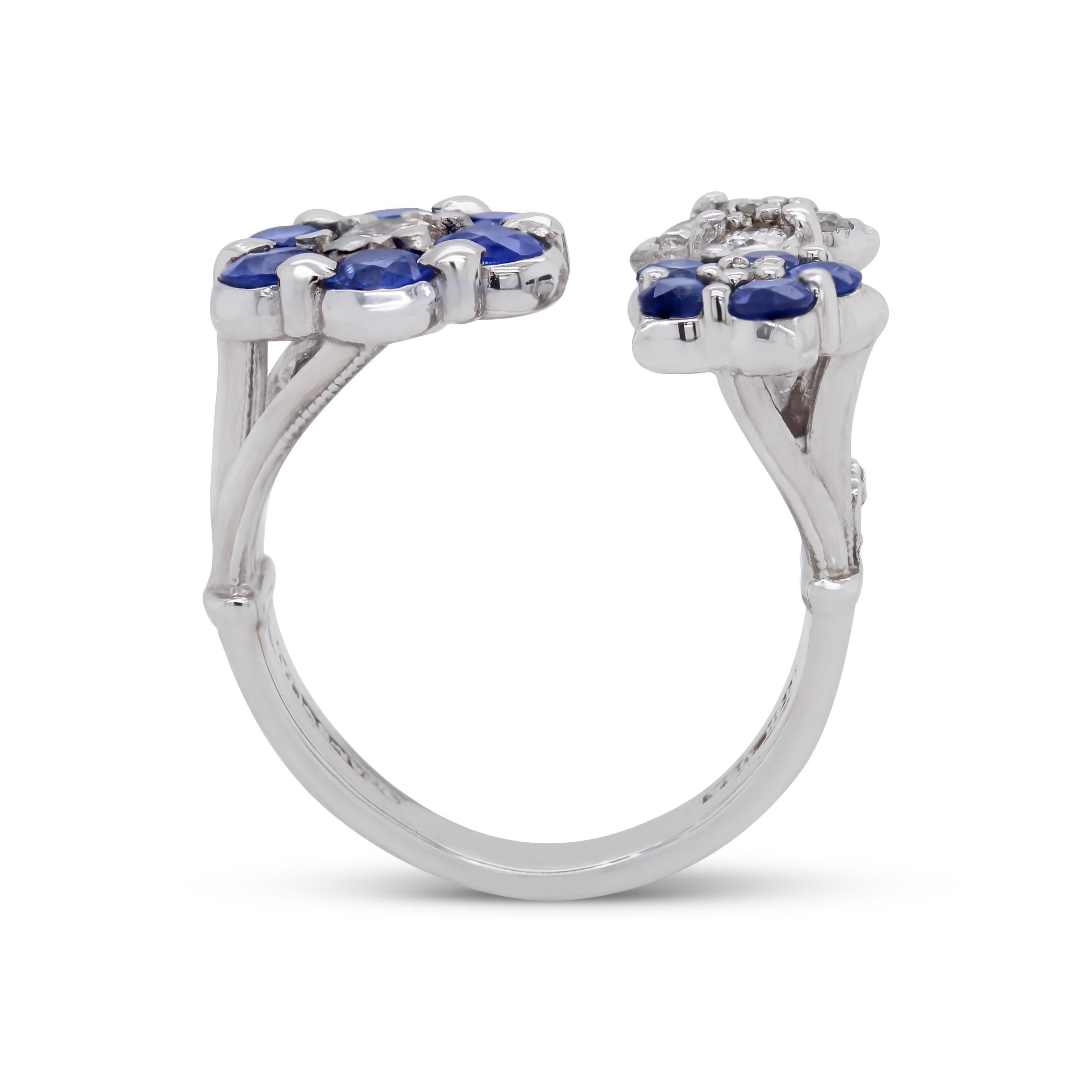 Contemporary Stambolian 18K White Gold Diamond Royal Blue Sapphires Three Cluster Bypass Ring For Sale