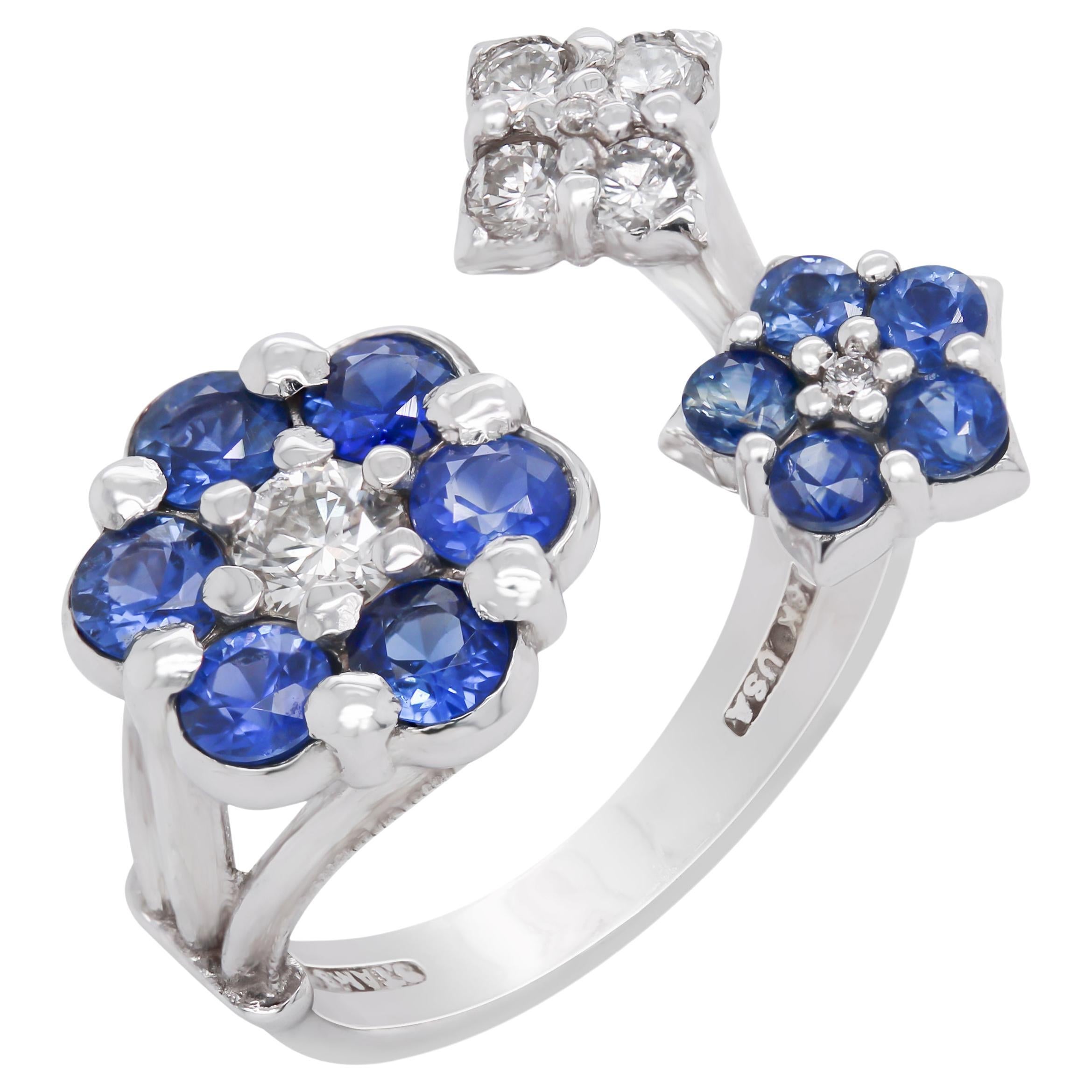 Stambolian 18K White Gold Diamond Royal Blue Sapphires Three Cluster Bypass Ring For Sale