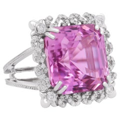 Stambolian 18K White Gold Diamond Vibrant Pink Asscher Cut Kunzite Cocktail Ring