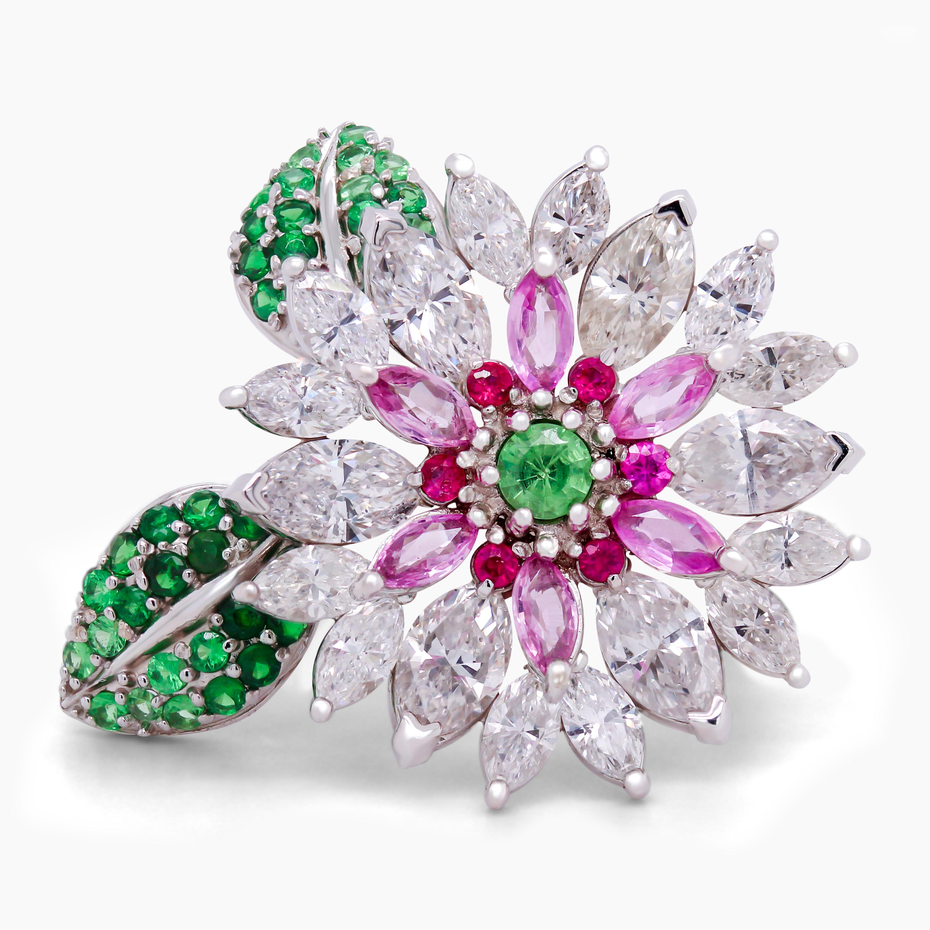 Stambolian 18K White Gold Marquise Diamond Pink Sapphire Tsavorite Floral Ring

This one-of-a-kind ring features a row of of marquise-cut diamonds with marquise-cut pink sapphires and a tsavorite center along with two leaves, shaded with dark to