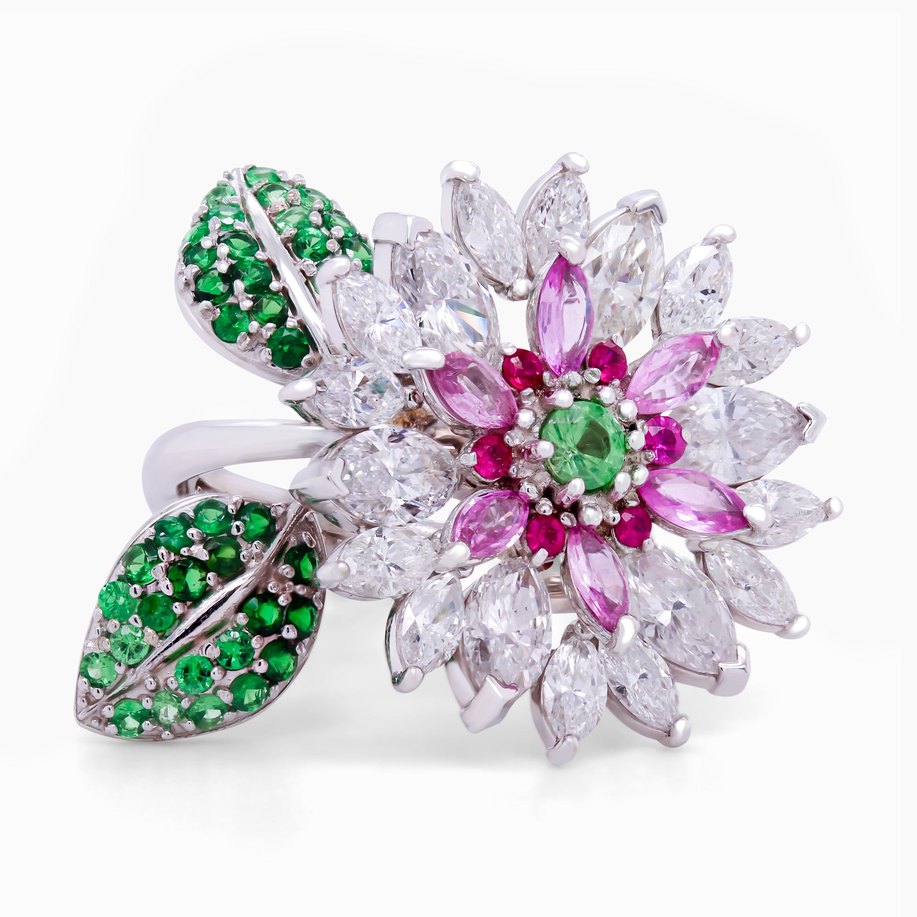 Modern Stambolian 18k White Gold Marquise Diamond Pink Sapphire Tsavorite Floral Ring