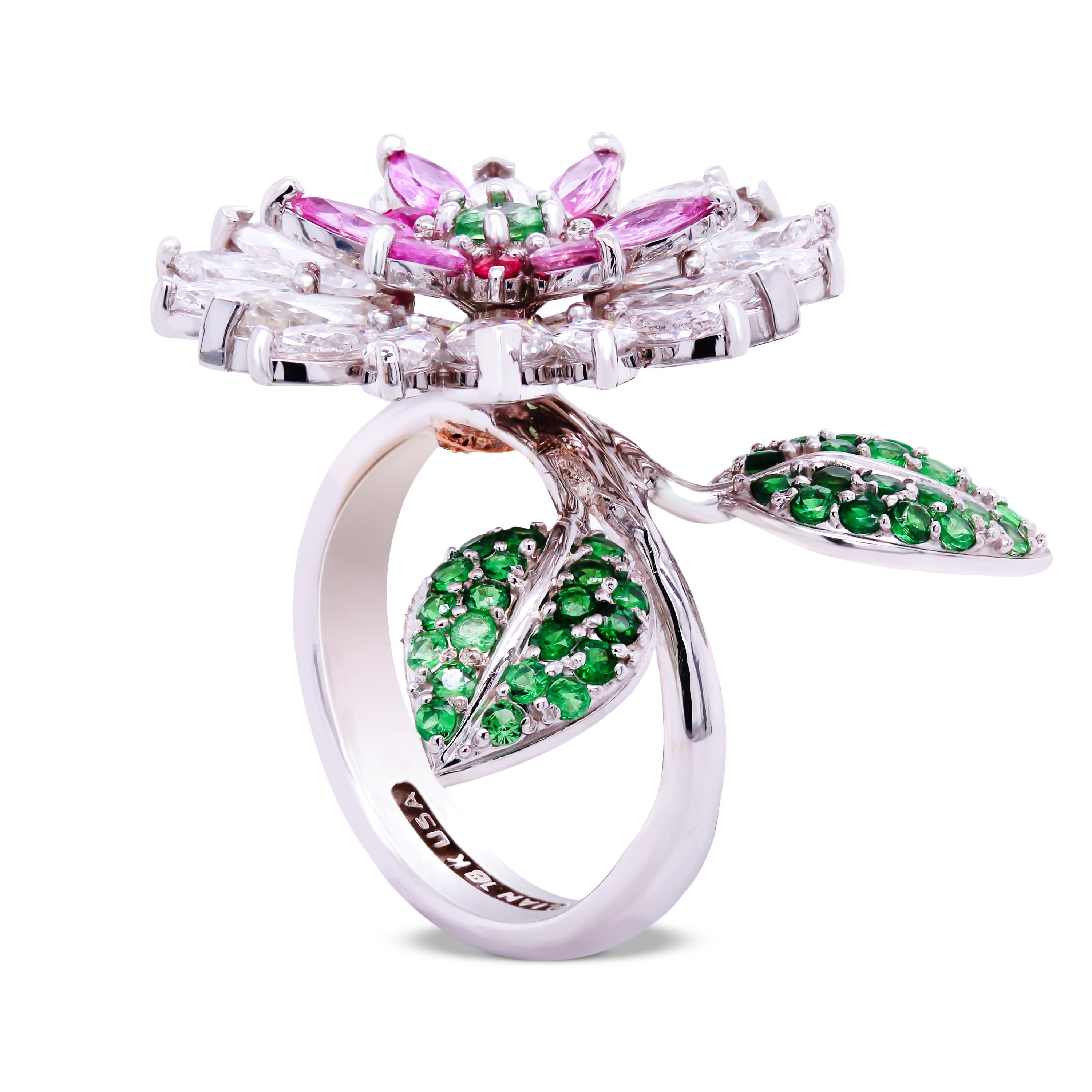 Marquise Cut Stambolian 18k White Gold Marquise Diamond Pink Sapphire Tsavorite Floral Ring