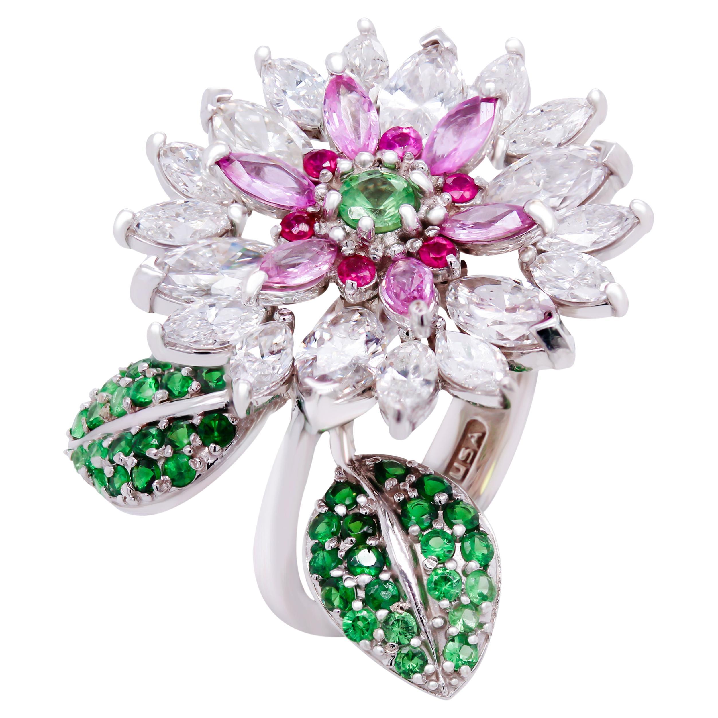 Stambolian 18k White Gold Marquise Diamond Pink Sapphire Tsavorite Floral Ring