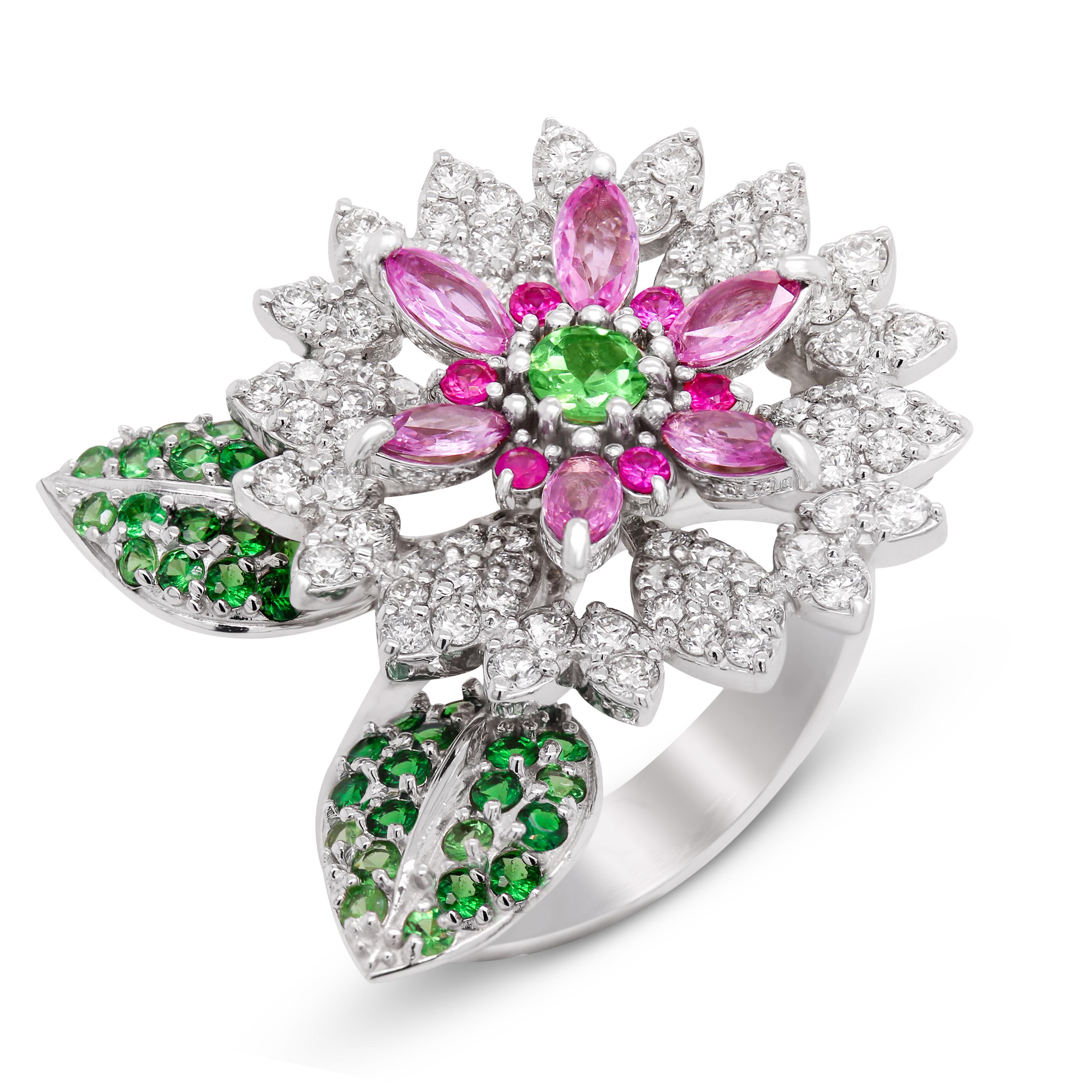 Modern Stambolian 18k White Gold Marquise Pink Sapphires Diamonds Tsavorite Floral Ring For Sale