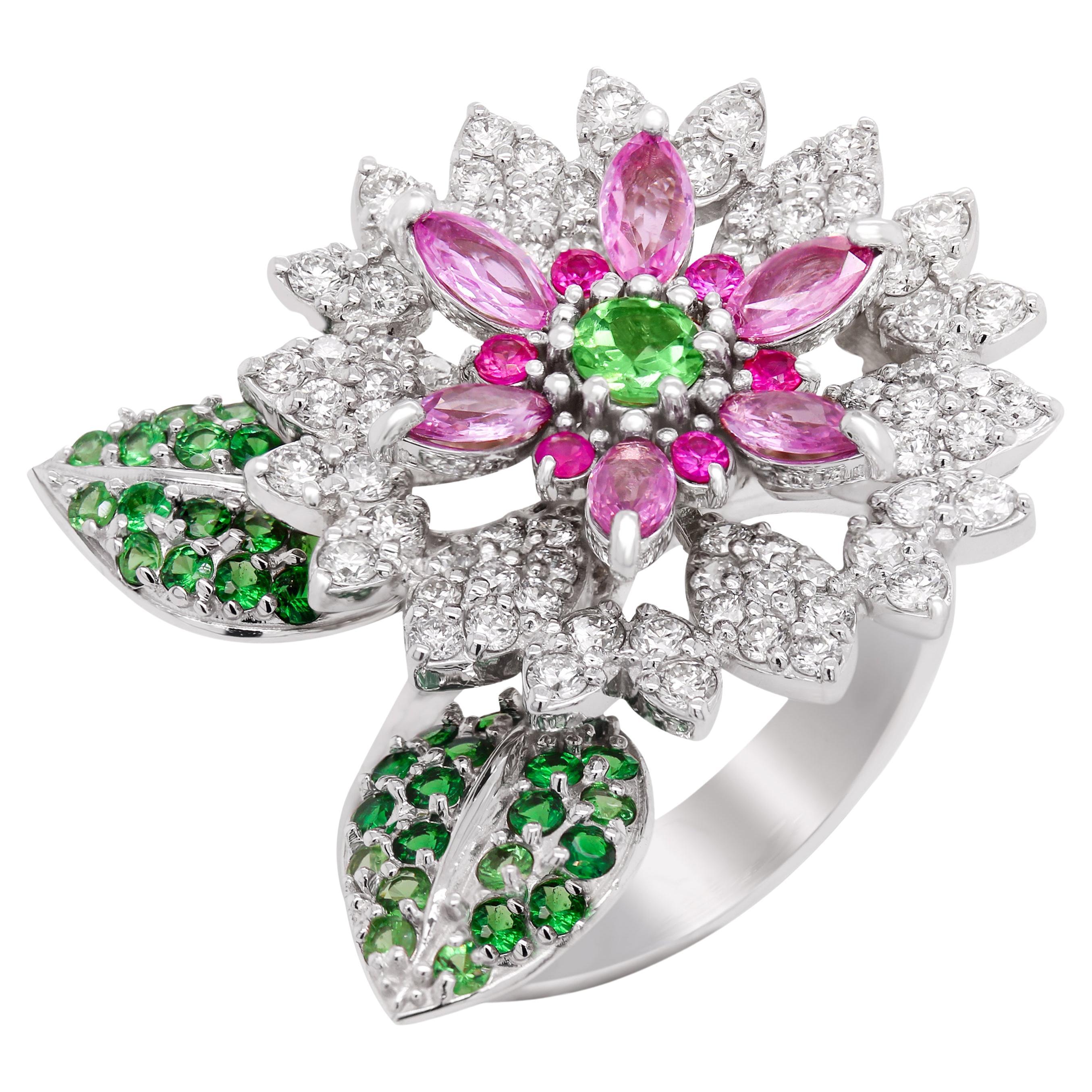 Stambolian 18k White Gold Marquise Pink Sapphires Diamonds Tsavorite Floral Ring For Sale