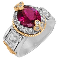 Stambolian 18k White Yellow Gold Diamond Oval Magenta Garnet Cocktail Ring