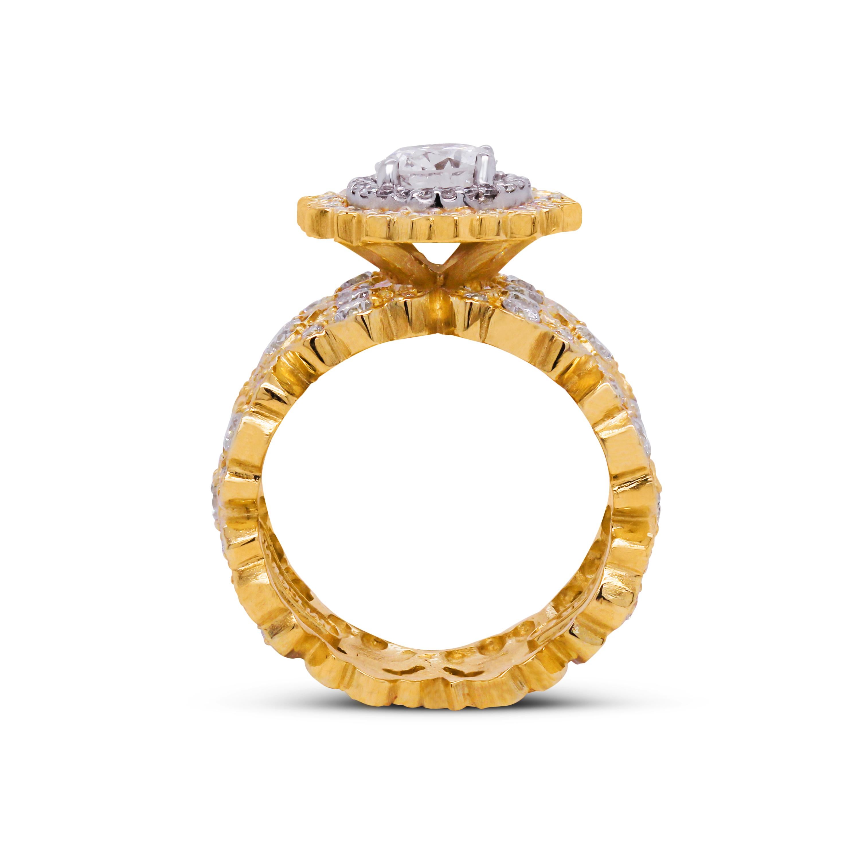 Round Cut Stambolian 18k Yellow Gold 0.84 Carat Diamond Center Wide Band Cocktail Ring For Sale