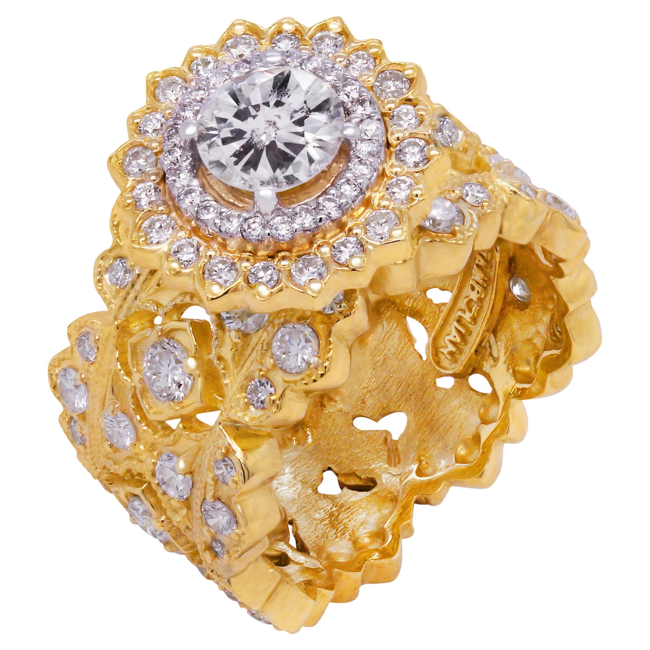 Stambolian 18k Yellow Gold 0.84 Carat Diamond Center Wide Band Cocktail Ring For Sale