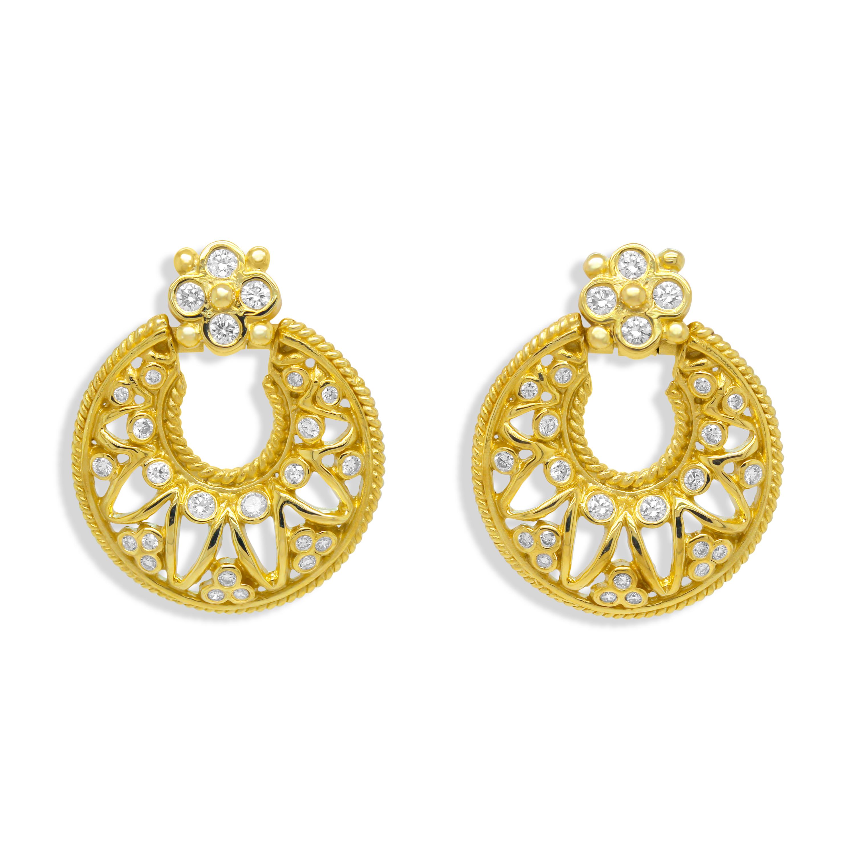 Round Cut Stambolian 18K Yellow Gold and Bezel Set Diamonds Circle Doorknob Earrings For Sale
