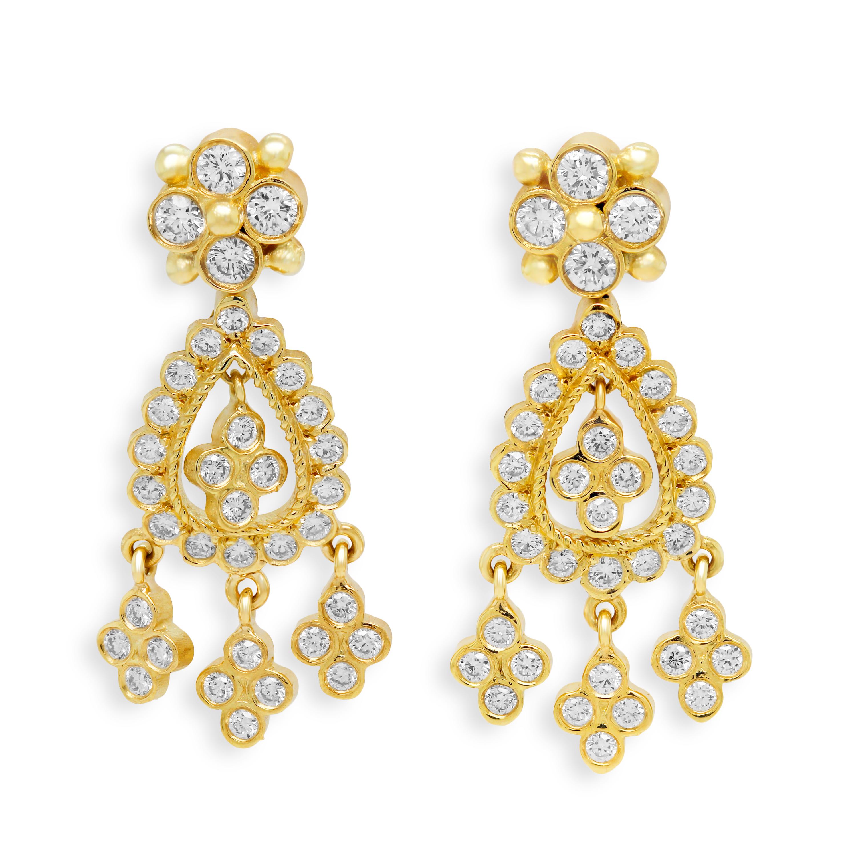 Taille ronde Stambolian Pendants d'oreilles en or jaune 18 carats et diamants en vente