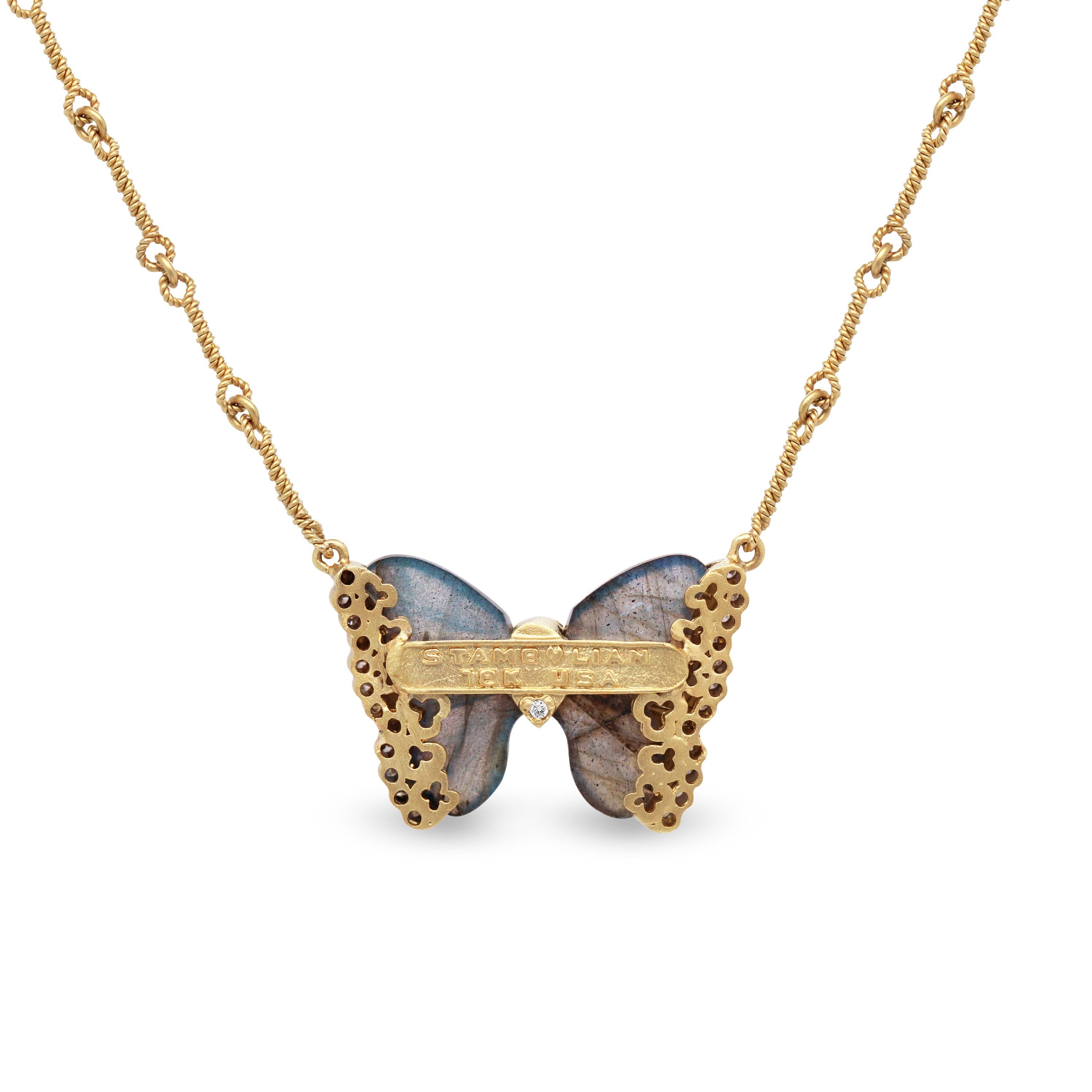 Stambolian 18K Yellow Gold Diamond Black Enamel Butterfly Pendant Necklace

This butterfly is from the 2020 Spring Stambolian collection and features two special cut Labradorites framed with black enamel and diamonds

Apprx. 15 carat Labradorite