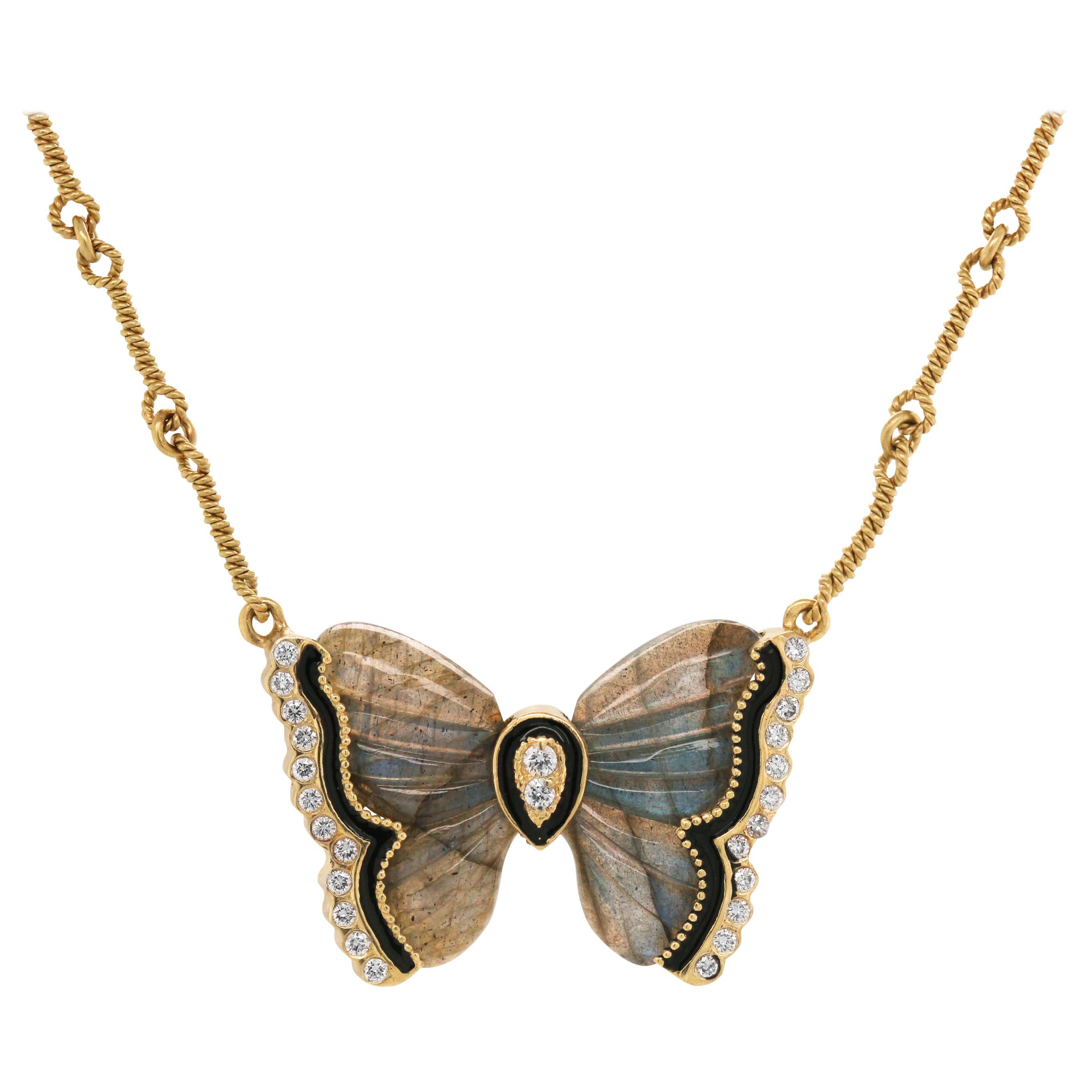 Stambolian 18K Yellow Gold Diamond Black Enamel Butterfly Pendant Necklace For Sale