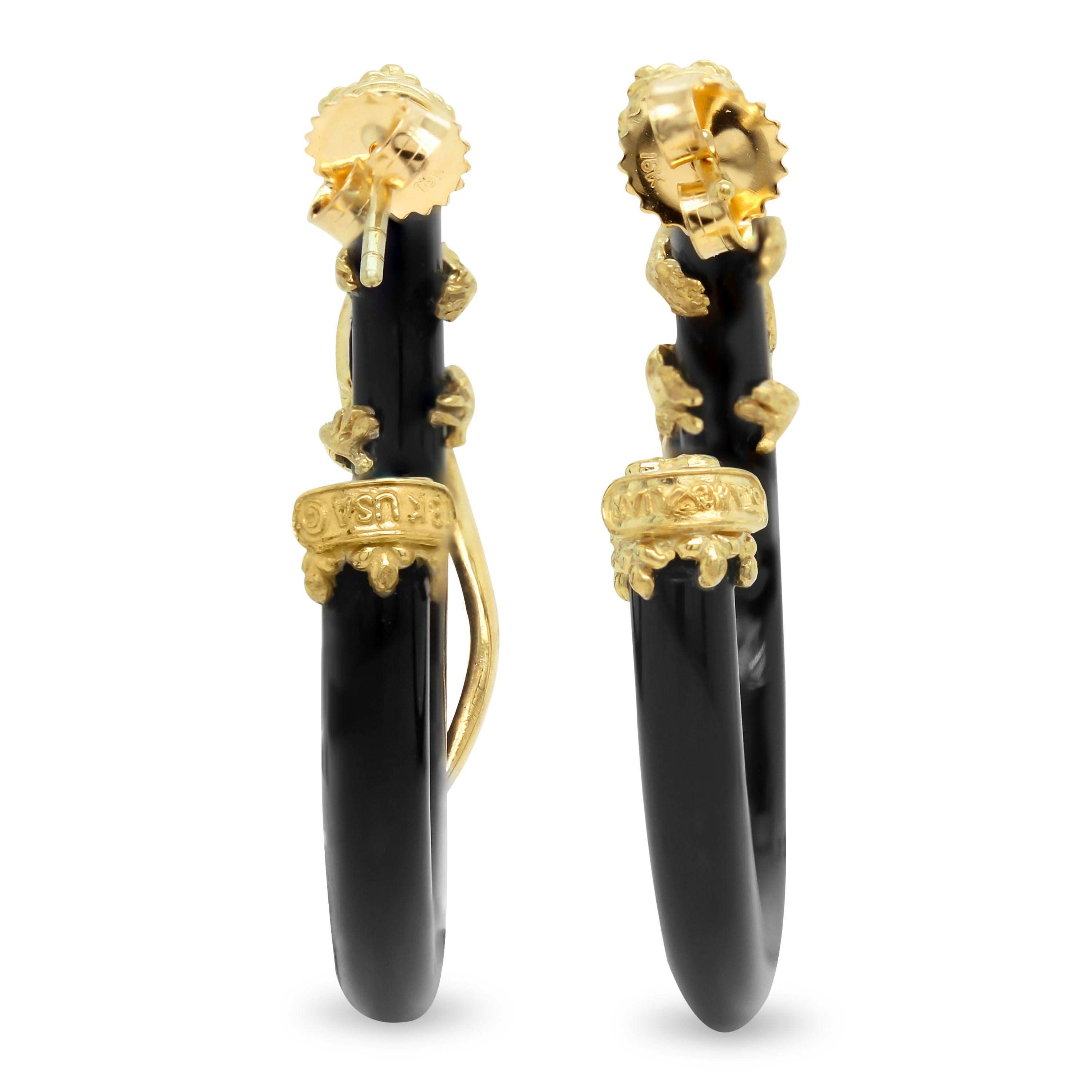 Stambolian 18K Yellow Gold Diamond Black Onyx Tsavorite Lizard Hoop Earrings

These stunning earrings feature two lizards that sit ontop of Onyx hoops all done in diamonds. 

0.78 carat G color VS clarity white diamonds are set throughout the entire