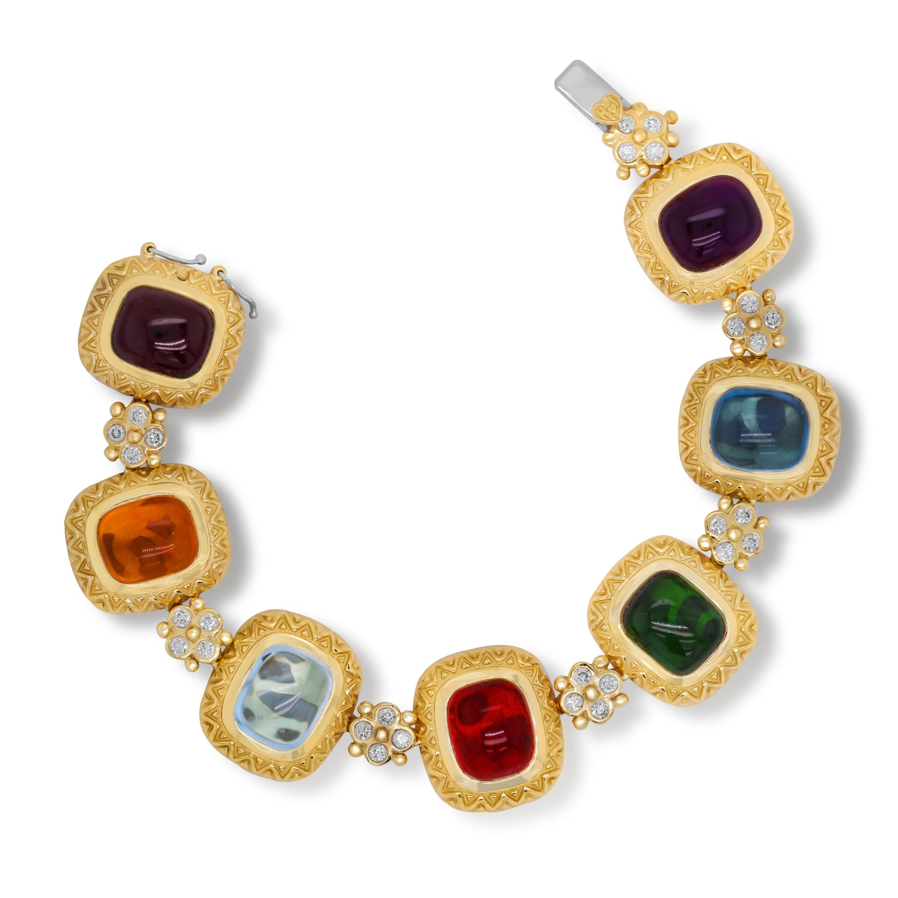 Stambolian 18K Yellow Gold Diamond Cabochon Tourmaline Vintage Bracelet

This vintage bracelet from Stambolian was a part of the Fall 2009 collection and features cabochon-cut Tourmalines, with diamond clusters connecting each section.

Apprx. 48