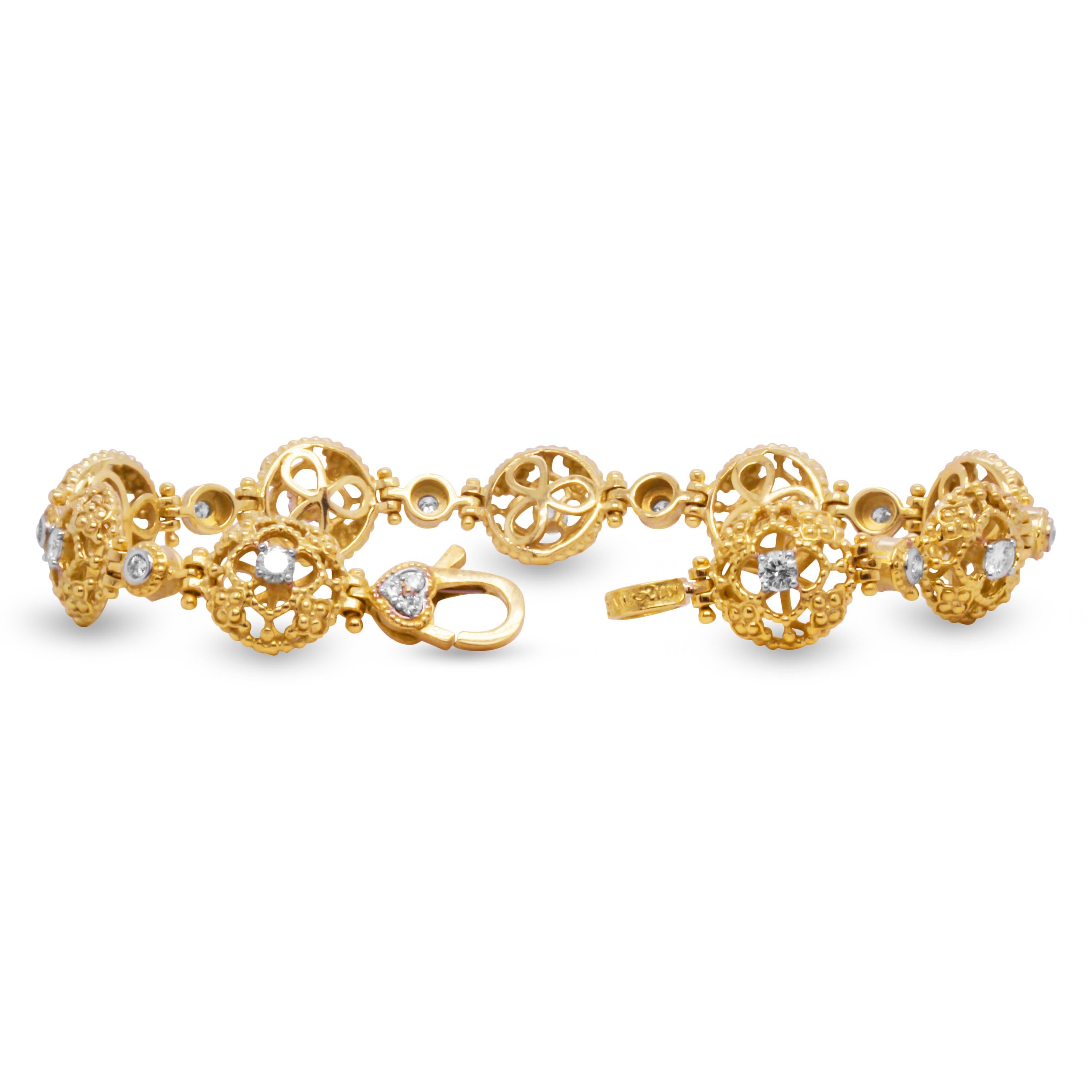 Stambolian 18K Yellow Gold and Diamond Circle Link Open Work Bracelet

From the 2022 collection, this bracelet features a single diamond in each section.

Apprx. 1.28ct. G color, VS clarity diamonds total weight

Bracelet uses a lobster clasp. 7