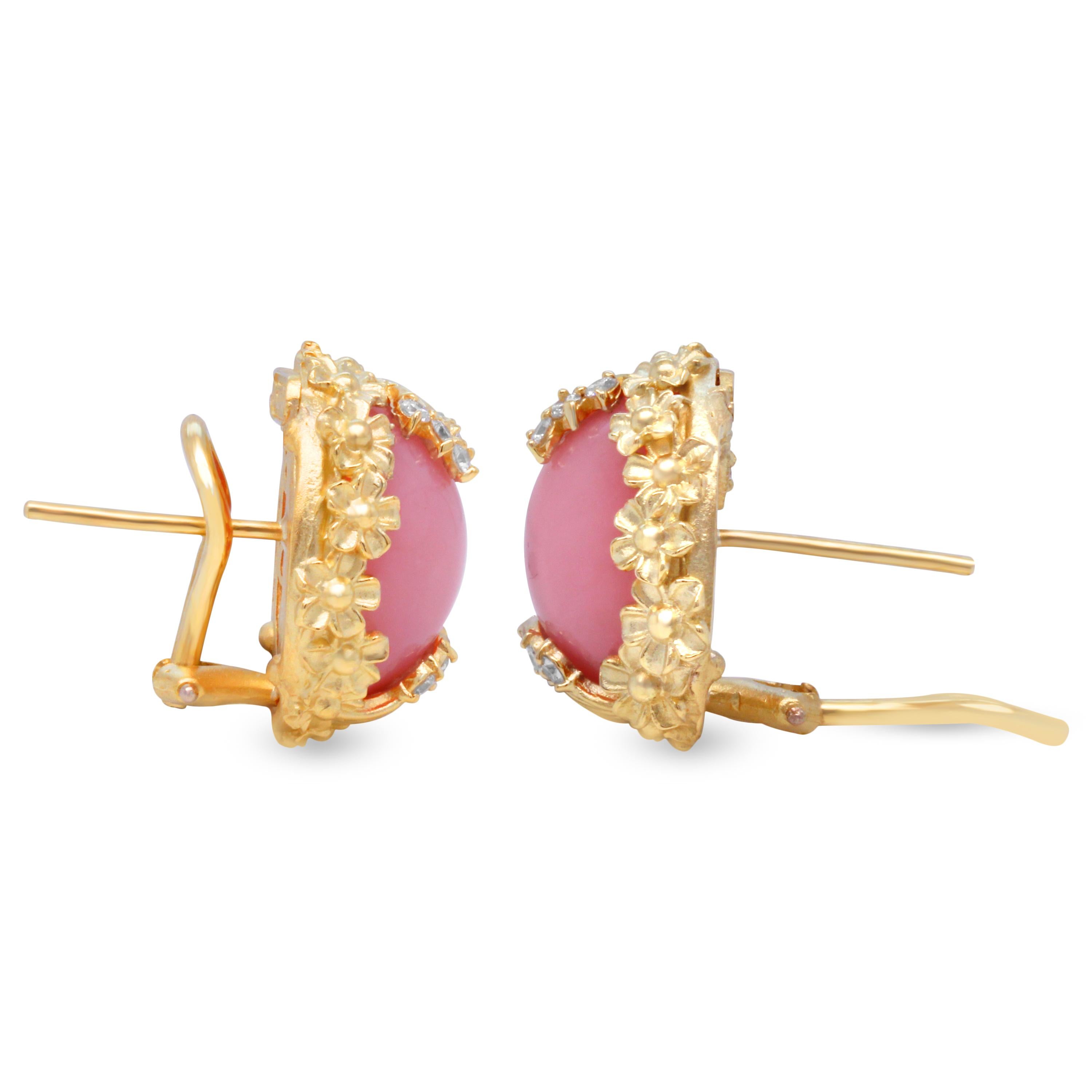 Stambolian 18K Yellow Gold Diamond Peruvian Pink Opal Floral Button Earrings

From the 2021 Spring Collection by Stambolian, these floral style earrings feature two oval-cut, Pink Peruvian Opal centers with a diamond leaf on the top and bottom.