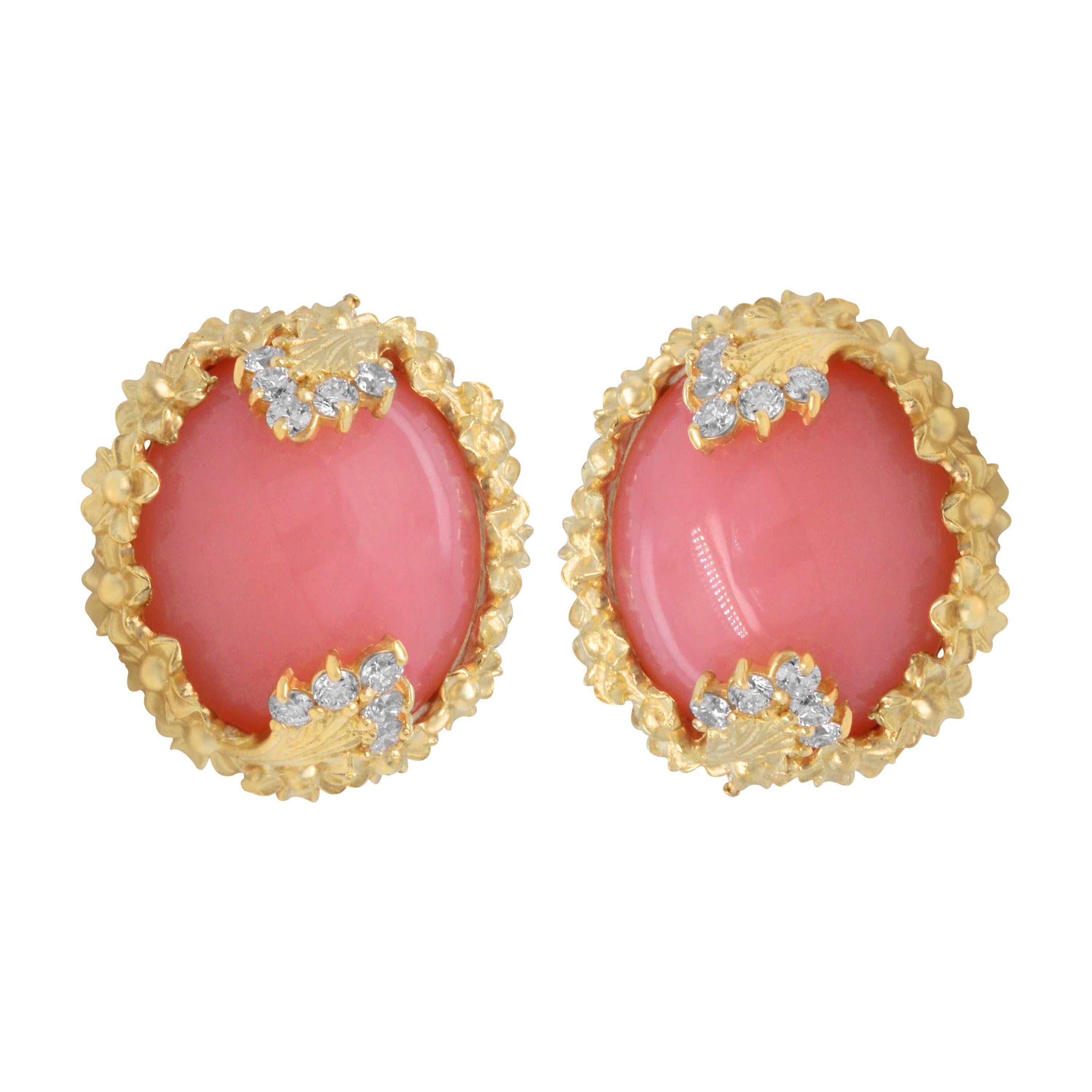 Stambolian 18K Yellow Gold Diamond Peruvian Pink Opal Floral Button Earrings