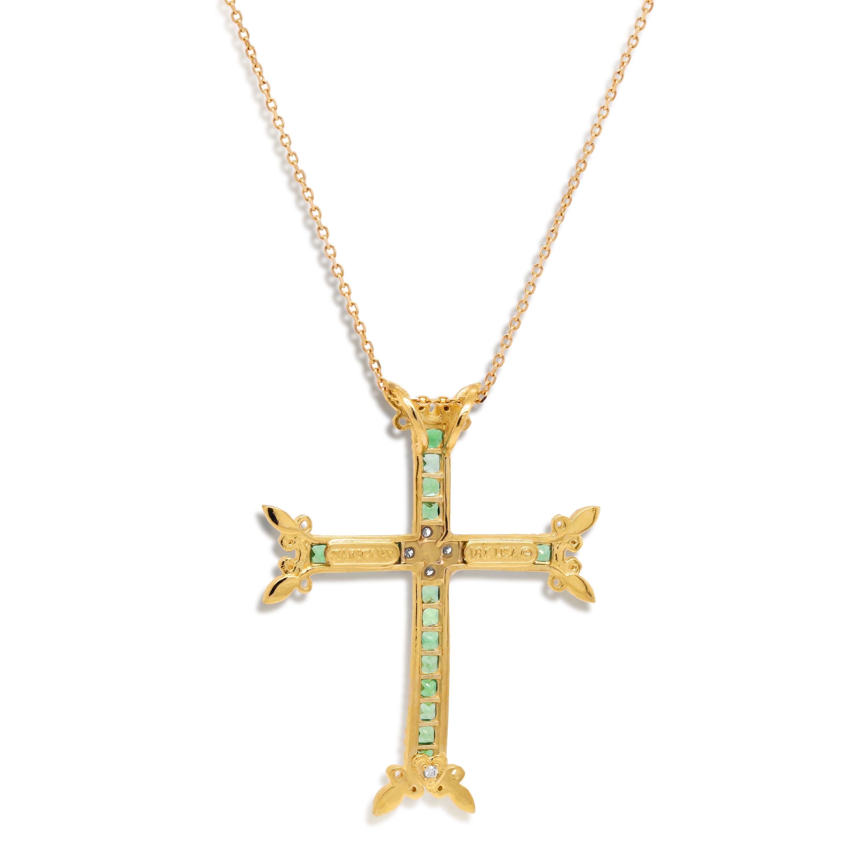 Stambolian 18K Yellow Gold Diamond Princess Cut Tsavorite Cross Pendant Necklace

This unique take on a cross is inspired by the Armenian cross

Apprx. 2.50 carat Tsavorite total weight. Tsavorites are all princess cuts.

Diamonds are set in the