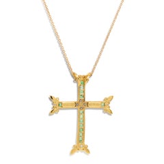 Stambolian 18K Yellow Gold Diamond Princess Cut Tsavorite Cross Pendant Necklace