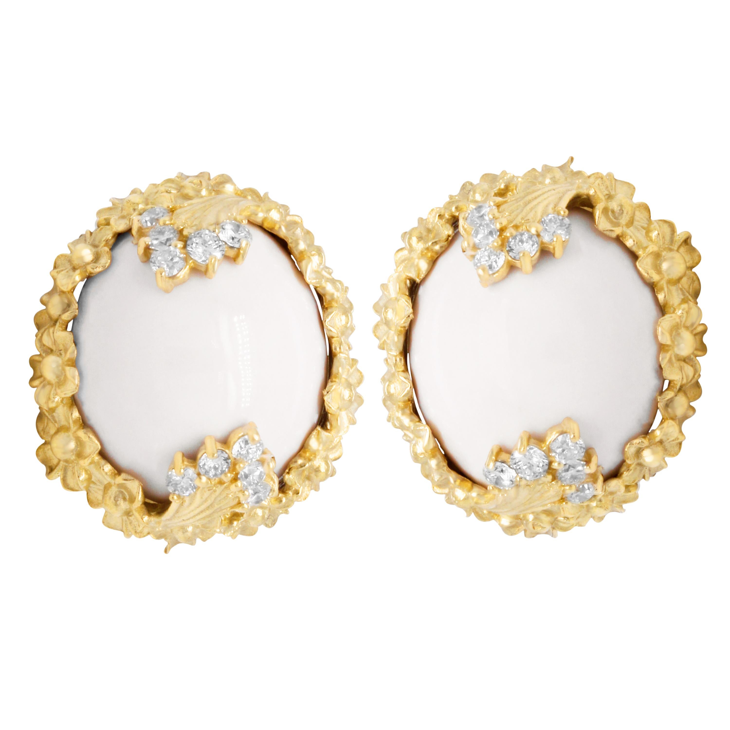 Oval Cut Stambolian 18K Yellow Gold Diamond White Agate Floral Motif Button Earrings For Sale
