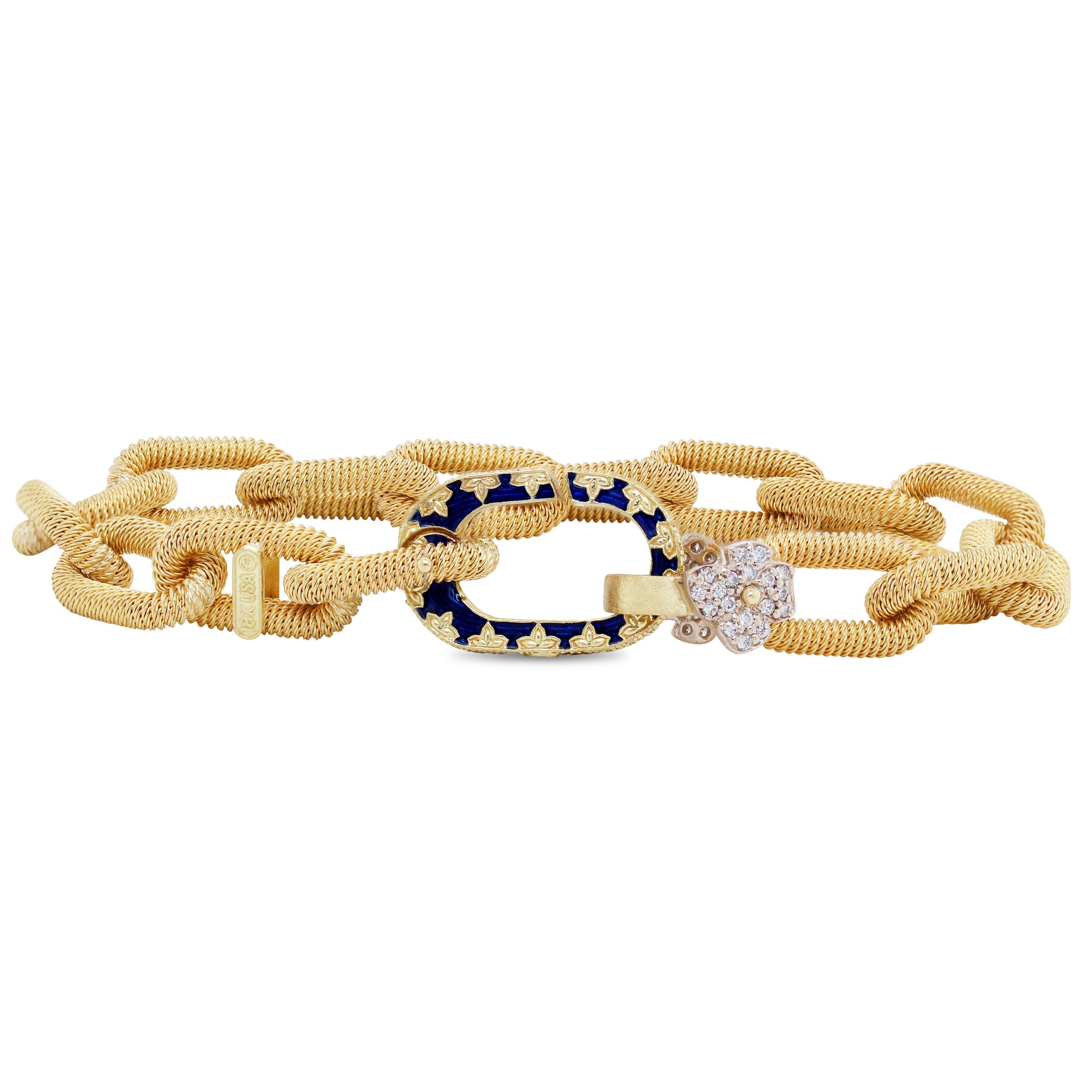 Stambolian 18K Yellow Gold Heavy Paper Clip Link Blue Enamel Diamond Bracelet

This gorgeous bracelet from the Spring 2020 collection by Stambolian features beautiful textured, heavy paper clip links all leading to a blue enamel clasp with a diamond