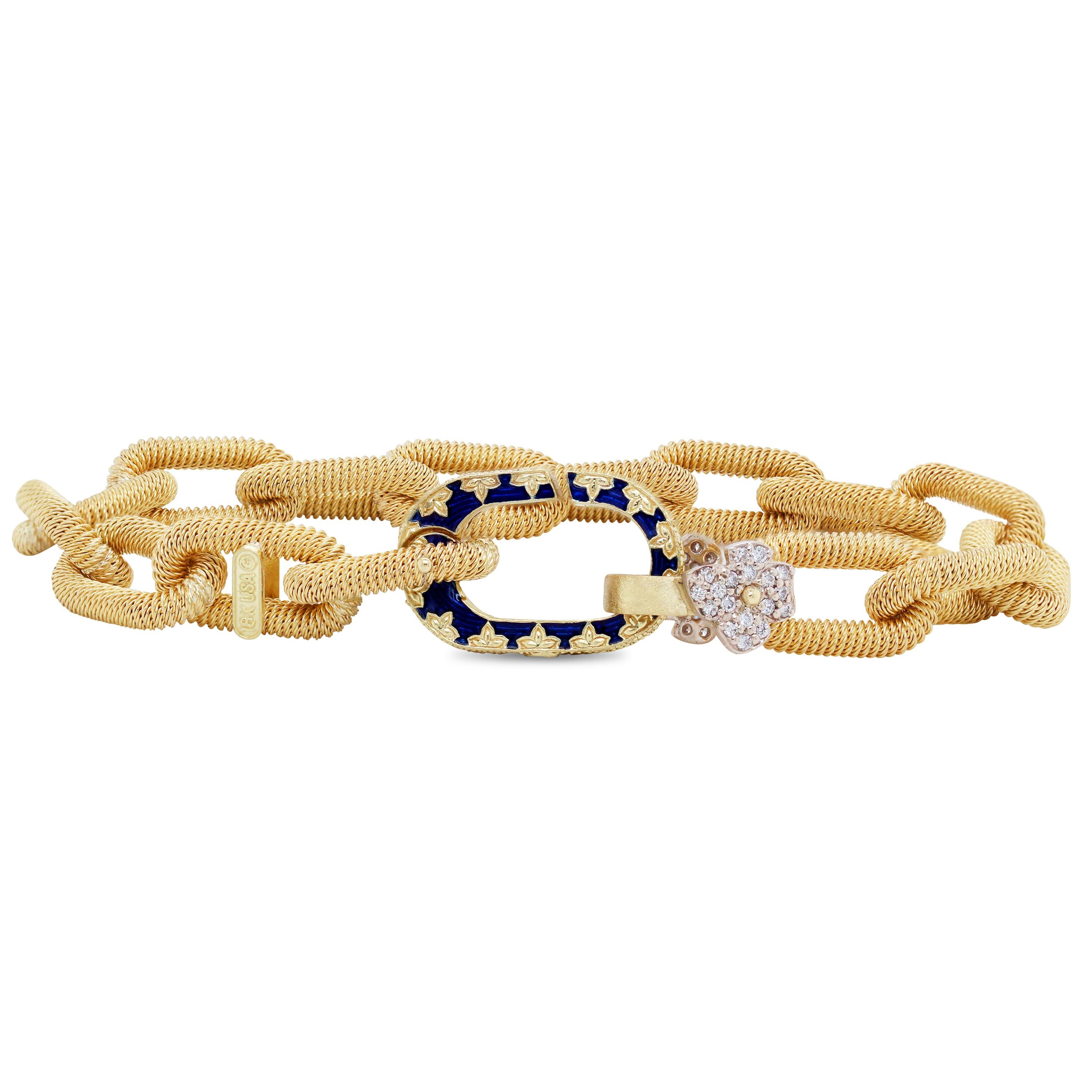 Stambolian 18K Yellow Gold Links Blue Enamel Diamond Flower Bracelet

This gorgeous bracelet by Stambolian features beautiful textured, heavy links all leading to a blue enamel clasp with a diamond flower. The bracelet is double-sided, meaning, the