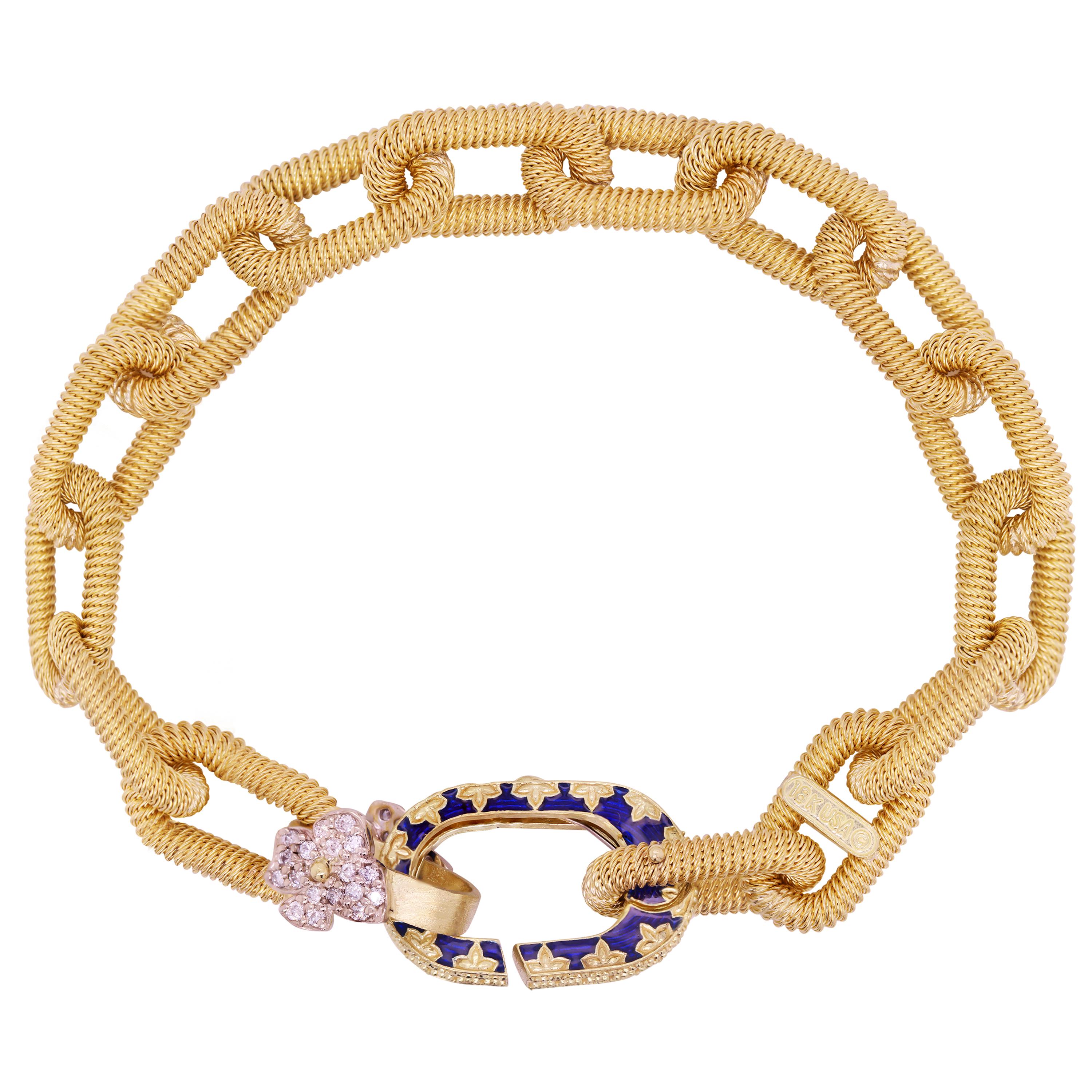 Taille ronde Stambolian Bracelet à maillons en or jaune 18 carats, émail bleu et diamants en vente
