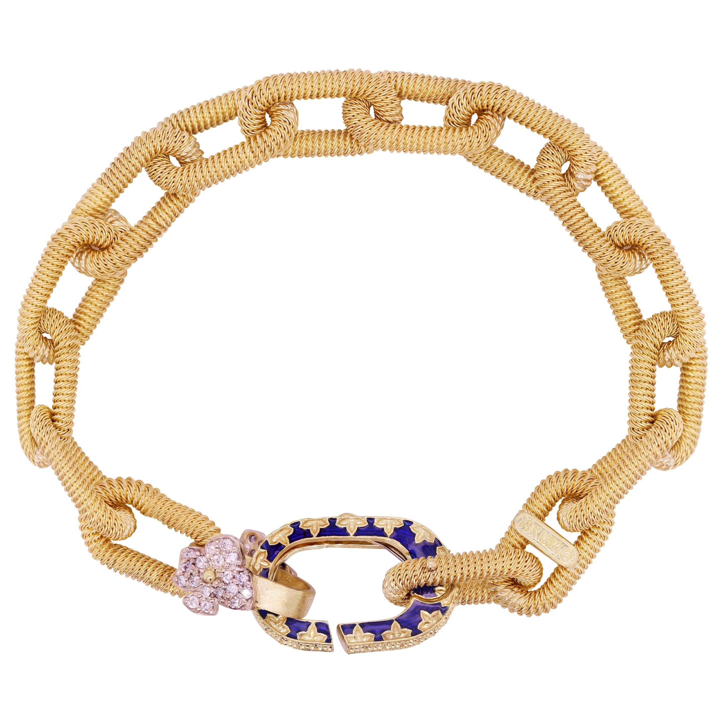 Stambolian 18K Yellow Gold Links Blue Enamel Diamond Flower Bracelet