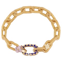 Stambolian 18K Yellow Gold Links Blue Enamel Diamond Flower Bracelet