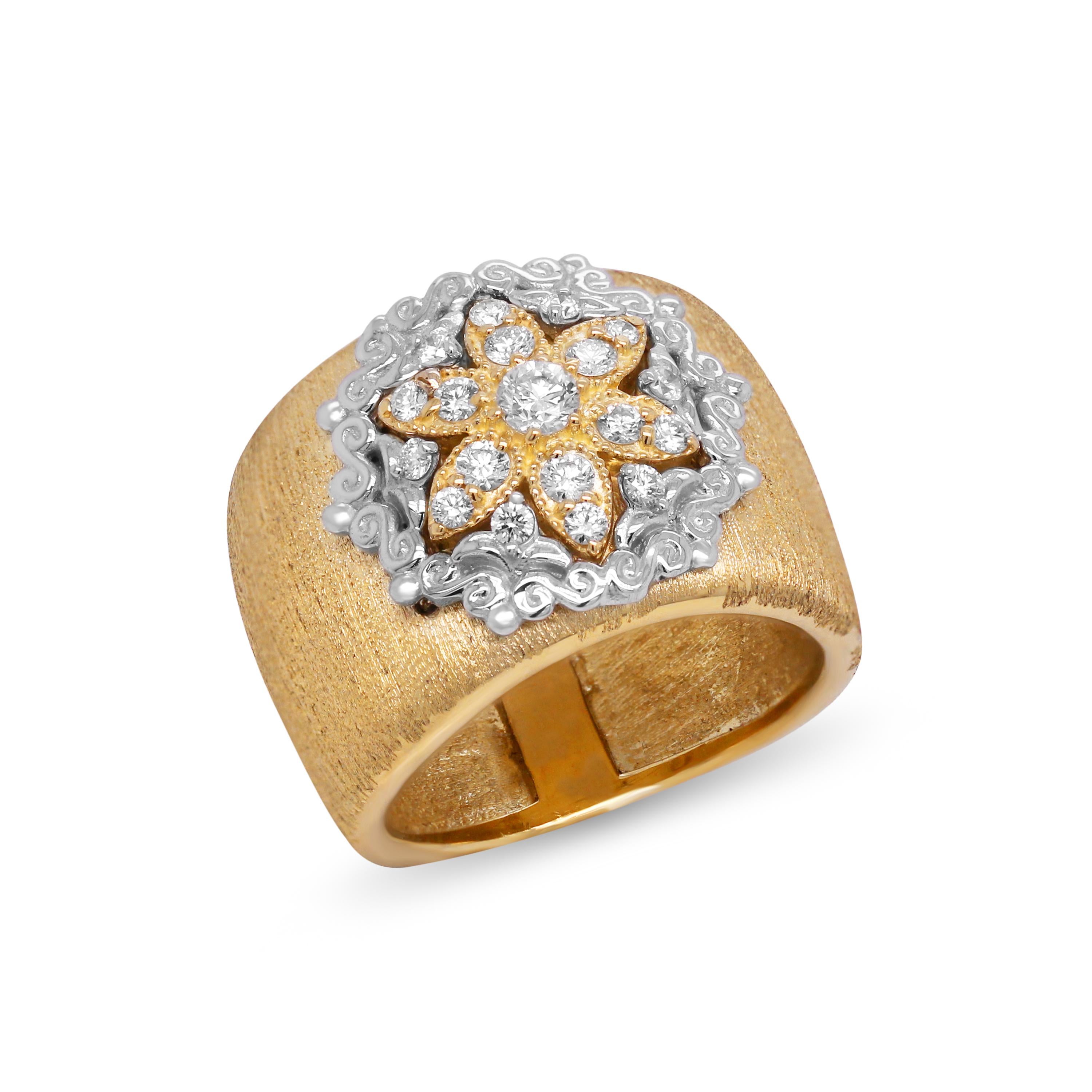 Stambolian 18K Yellow White Gold Diamond Brushed Finish Cigar Wide Band Ring

This Starburst cigar band ring is a new arrival for 2021 and has a brushed, silk-like finish to the band.

0.48 carat, G color, VS clarity diamonds total weight

The