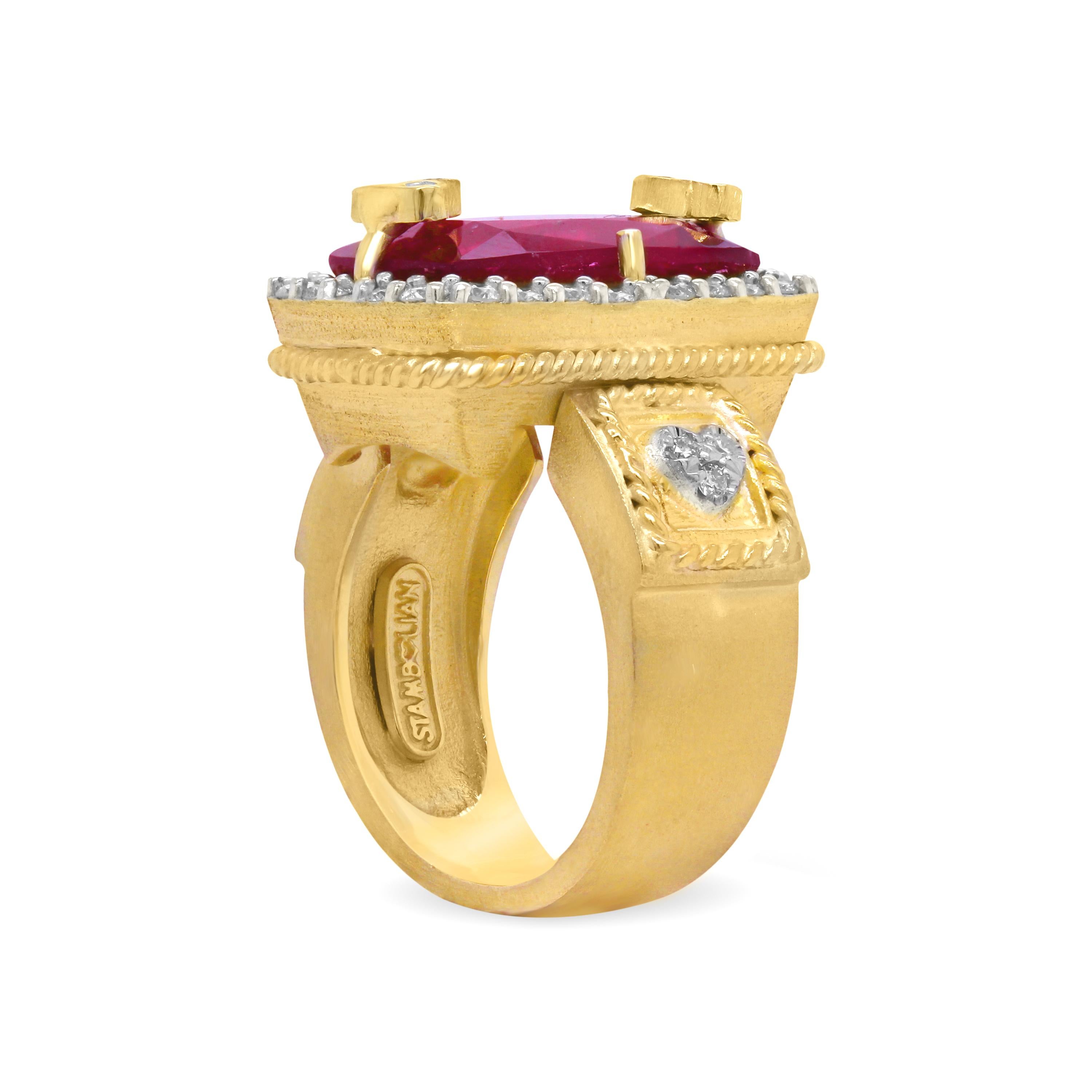 Women's Stambolian 18K Yellow White Gold Diamond Emerald Cut Rubelite Cocktail Ring