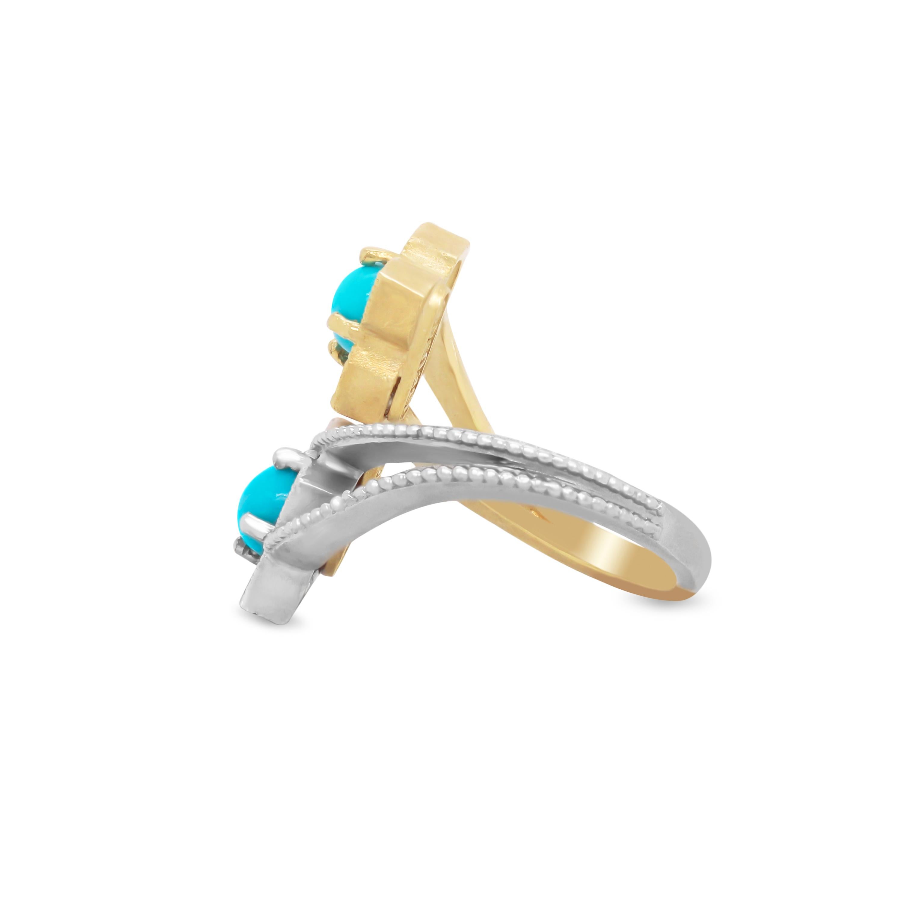 Stambolian 18K Yellow White Gold Diamond Sleeping Beauty Turquoise Bypass Ring

This beautiful ring features two sections with sleeping beauty turquoise centers and are surrounded by diamonds.

0.11 carat G color, VS clarity diamonds
1.20 carat