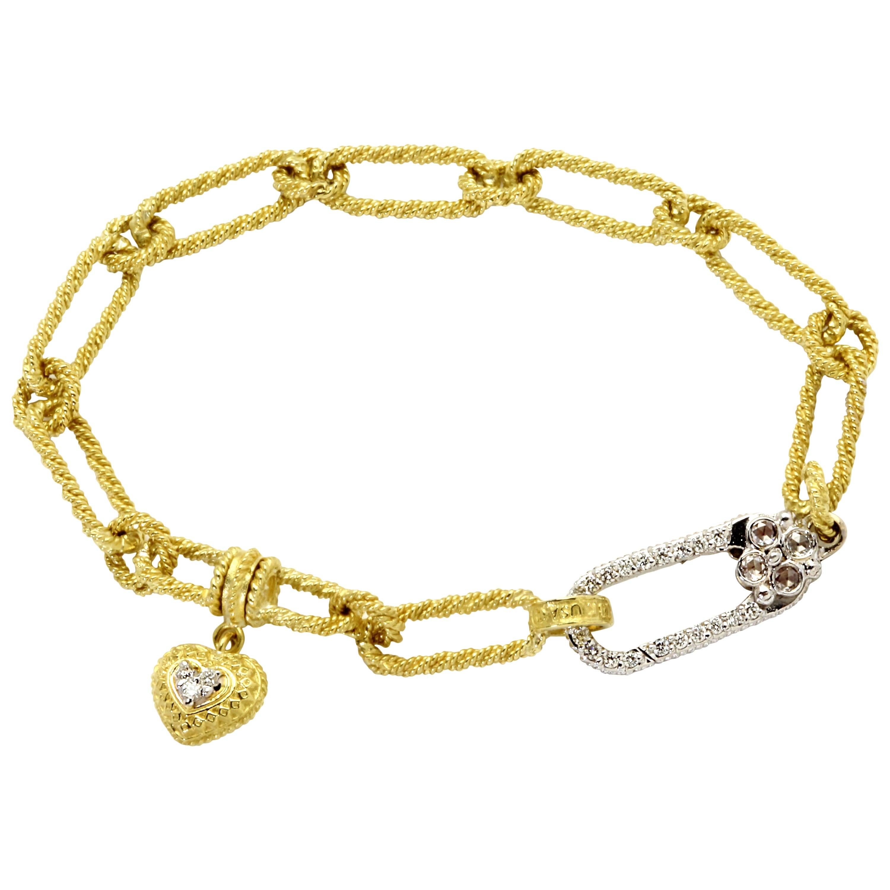 Stambolian 18K Gelb Weißgold Diamanten baumelndes Herz Oval Link-Armband (Zeitgenössisch) im Angebot