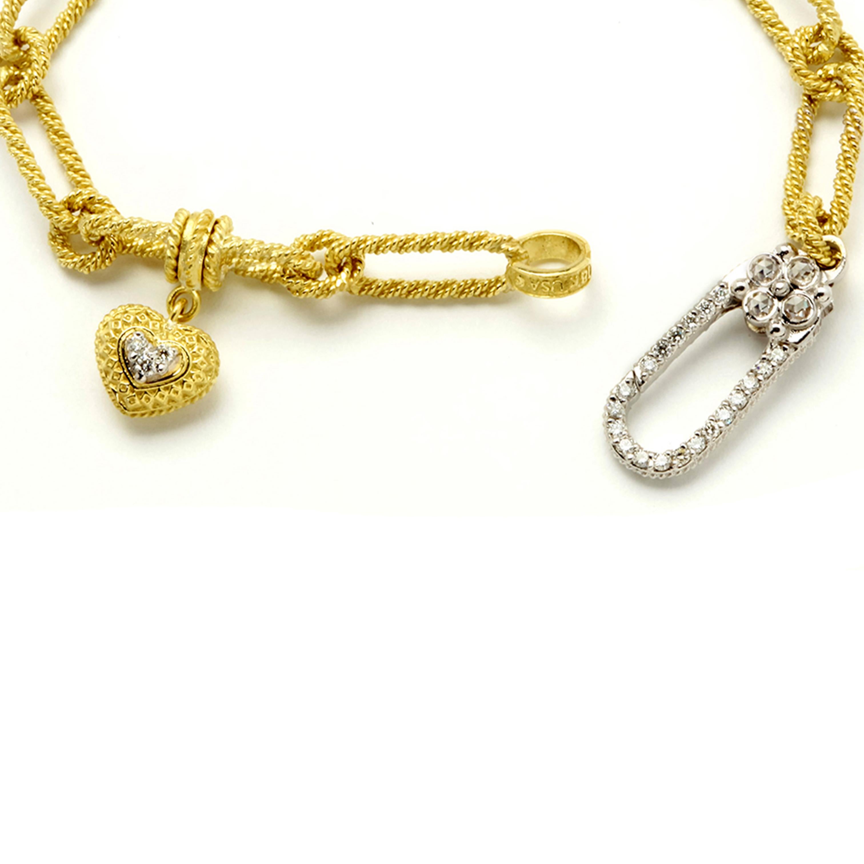 Contemporain Stambolian Collier à maillons ovales en or jaune et blanc 18 carats avec diamants en forme de cœur en vente