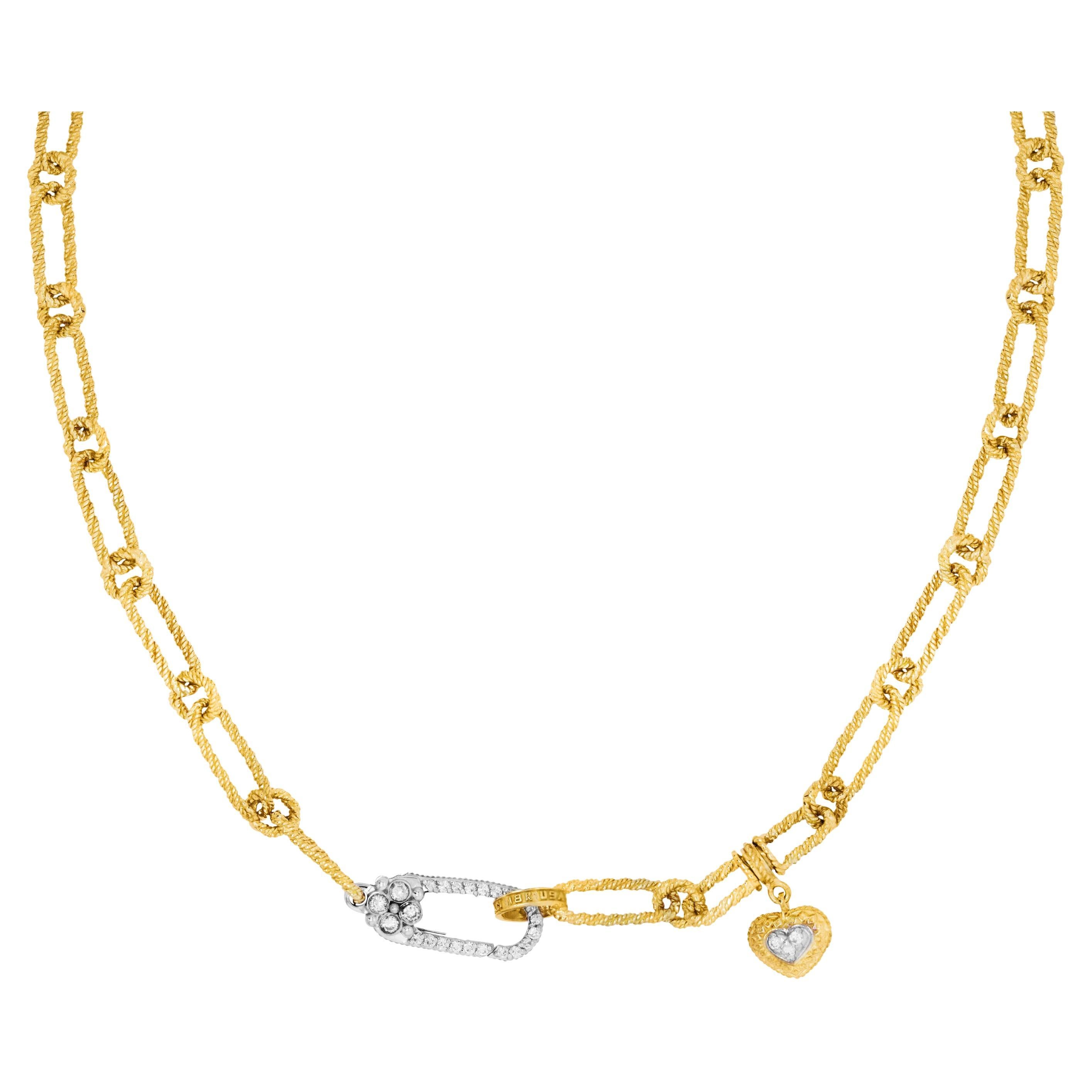 Stambolian 18K Yellow White Gold Diamonds Dangling Heart Oval Link Necklace For Sale