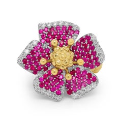 Stambolian 18K Yellow White Gold Diamonds Pink Sapphire and Ruby Flower Ring