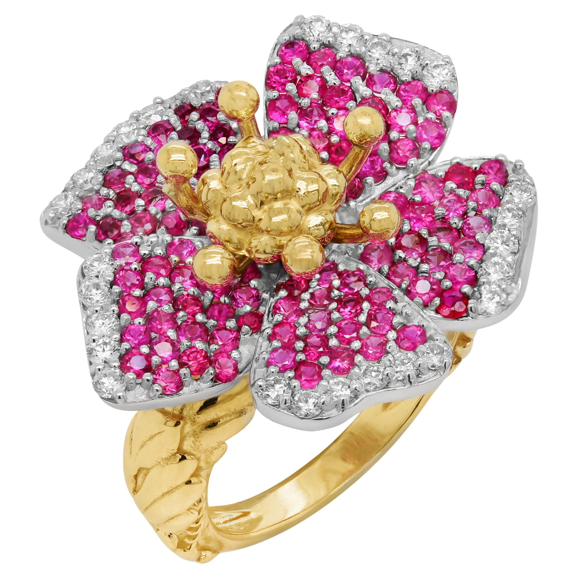 Stambolian 18K Yellow White Gold Diamonds Pink Sapphire and Ruby Flower Ring