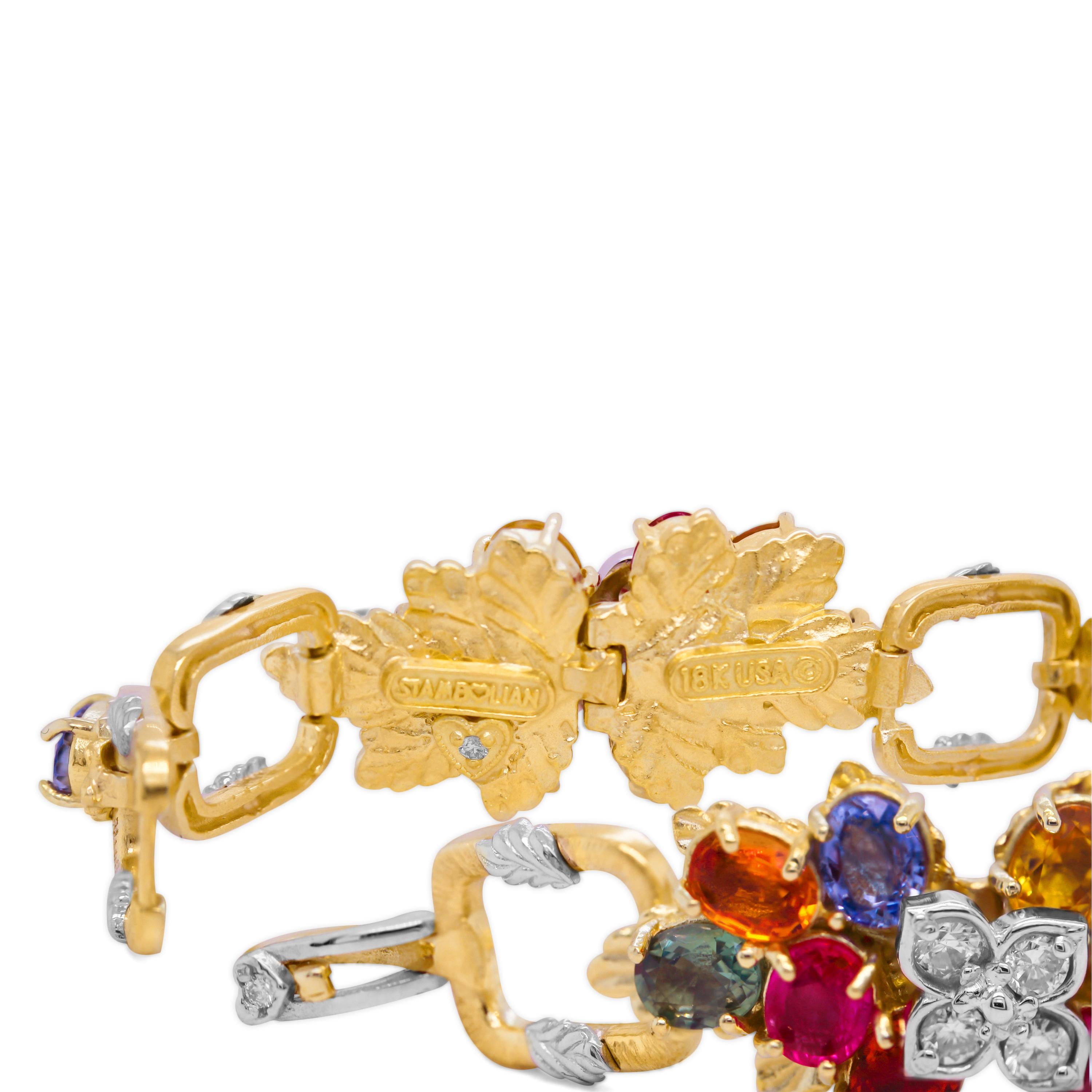 Moderne Stambolian Bracelet à maillons à fleurs en or jaune et blanc 18 carats, saphirs multicolores et rubis en vente