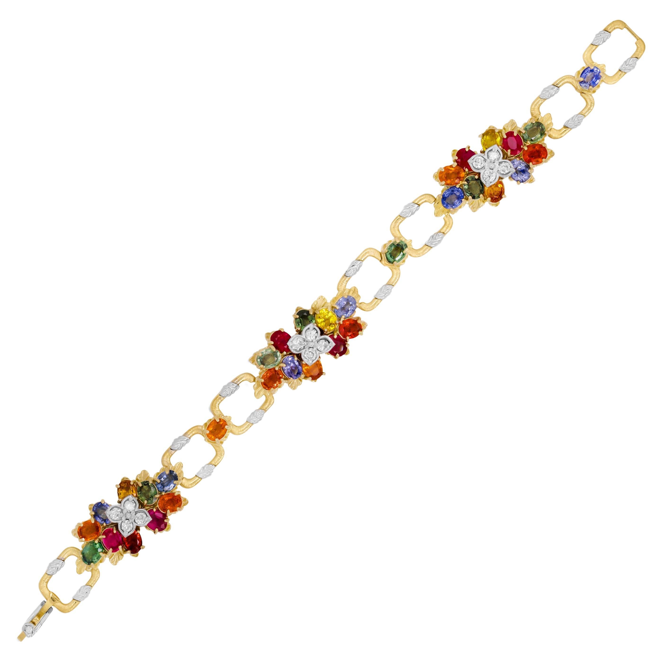 Stambolian 18K Yellow White Gold Multi Color Sapphire Ruby Floral Link Bracelet For Sale