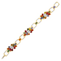 Stambolian Bracelet à maillons à fleurs en or jaune et blanc 18 carats, saphirs multicolores et rubis