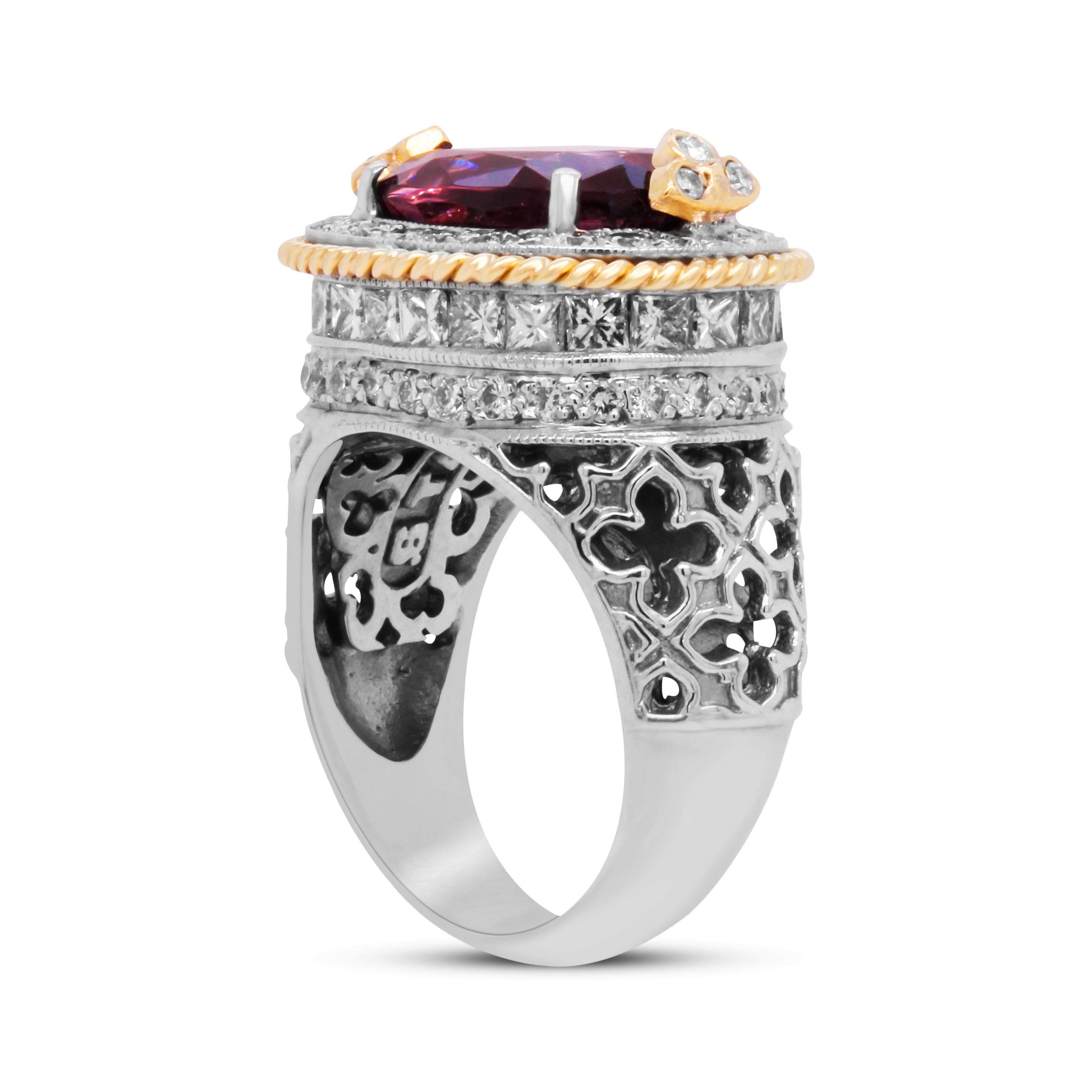 Stambolian 18K Yellow White Gold Round Princes Cut Diamonds Purple Spinel Ring

A one-of-a-kind ring by Stambolian, this ring features an original architecture-inspired design with princess and round diamonds along with an oval-cut, Purple Spinel