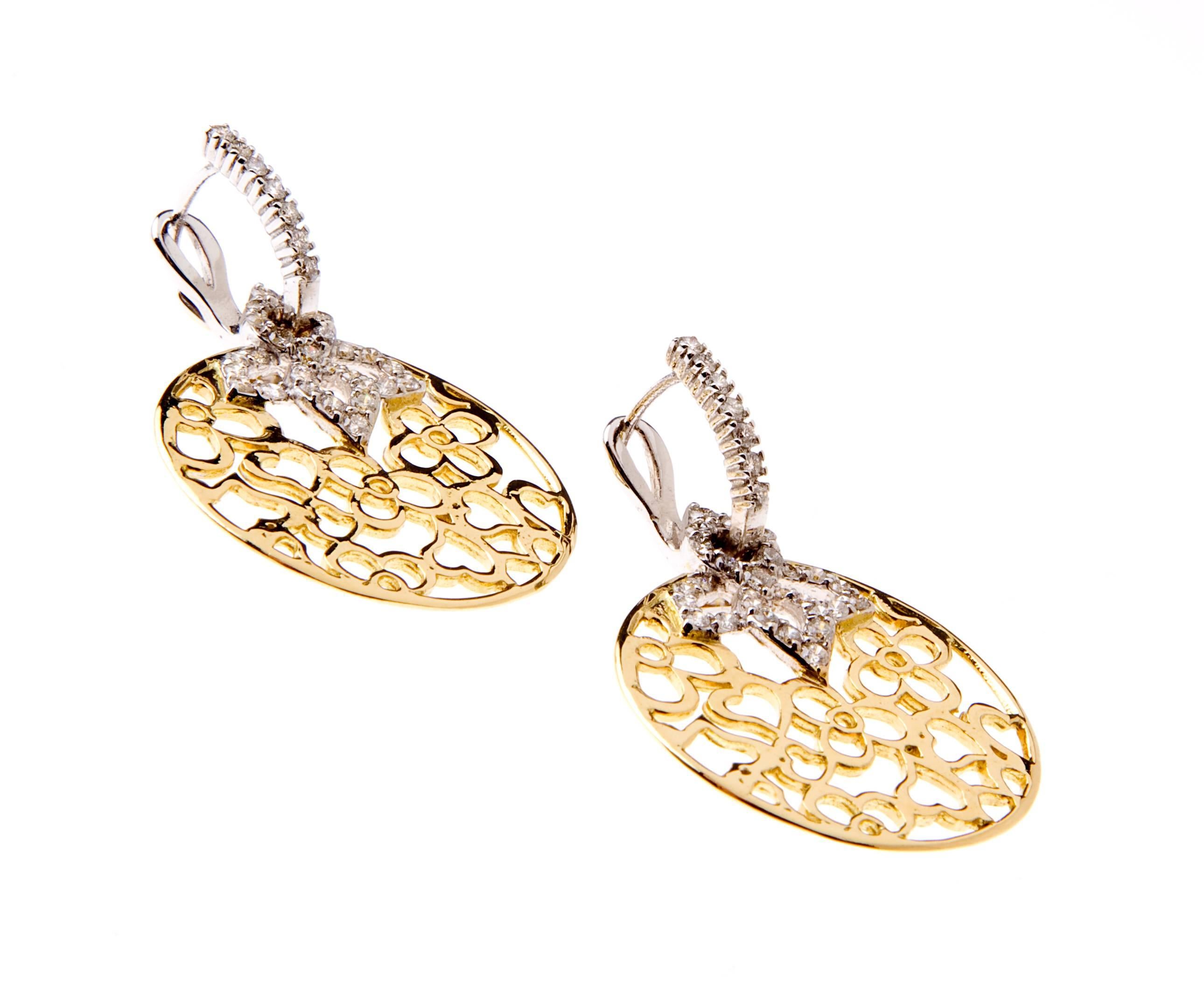 Round Cut Stambolian 18k Yellow White Two-Tone Gold and Diamond Floral Drop Earrings For Sale