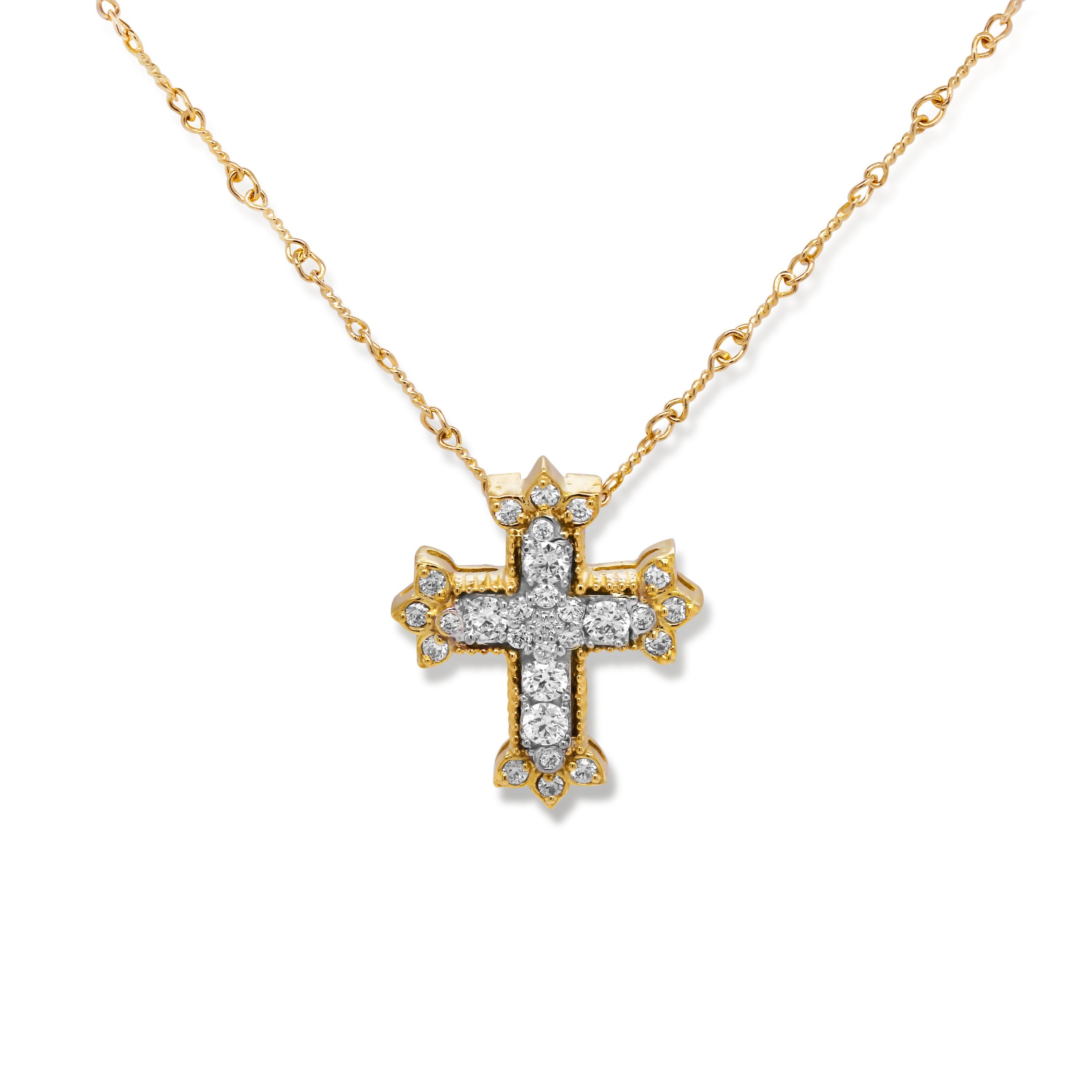 Round Cut Stambolian 18K Yellow White Two Tone Gold Diamond Cross Pendant Necklace