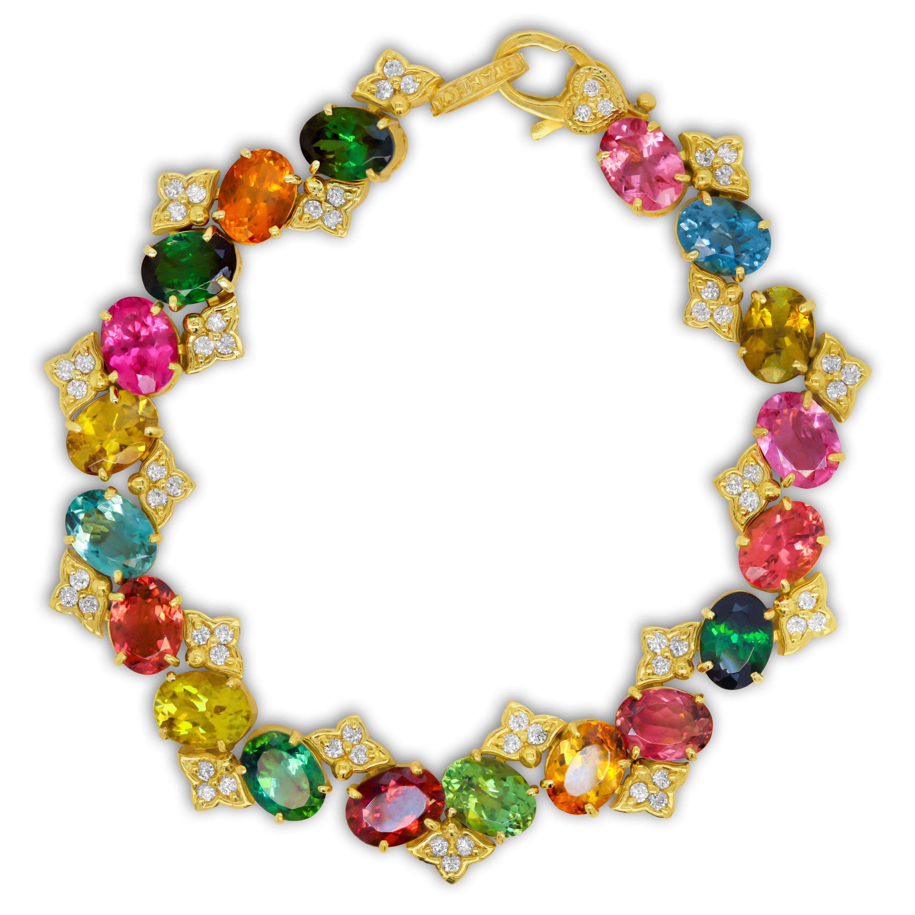 Stambolian 23.52 Carat Multi Color Tourmaline 18K Yellow Gold Diamonds Bracelet

This state-of-the-art, one-of-a-kind bracelet features nineteen oval, multi-color Tourmalines including bubble gum pink, indicolite blue, red, green yellow and orange.