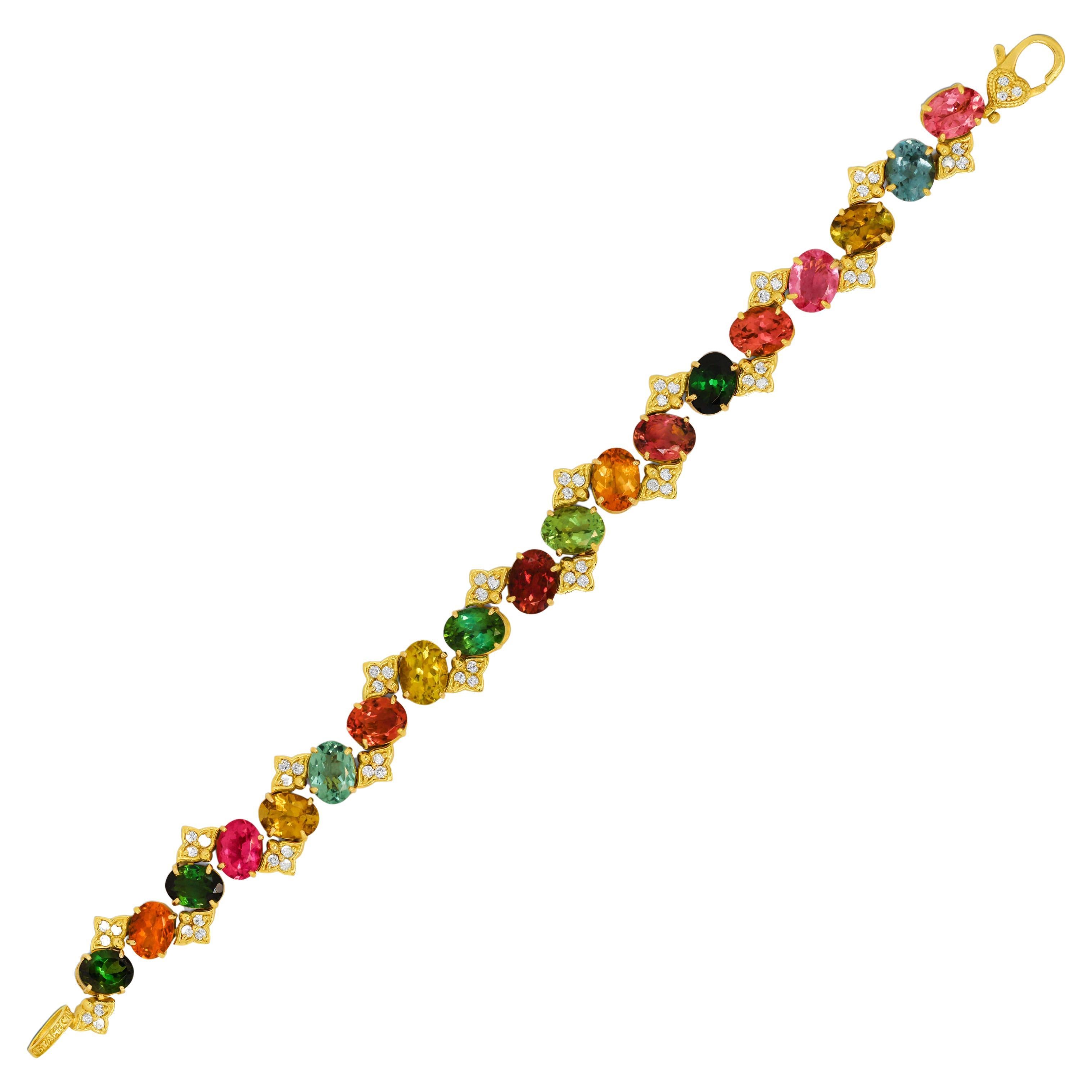 Stambolian 23.52 Carat Multi Color Tourmaline 18K Yellow Gold Diamonds Bracelet For Sale