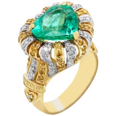 Stambolian 3.96 Carat Heart Shape Emerald Yellow White Diamond 18K Gold Ring