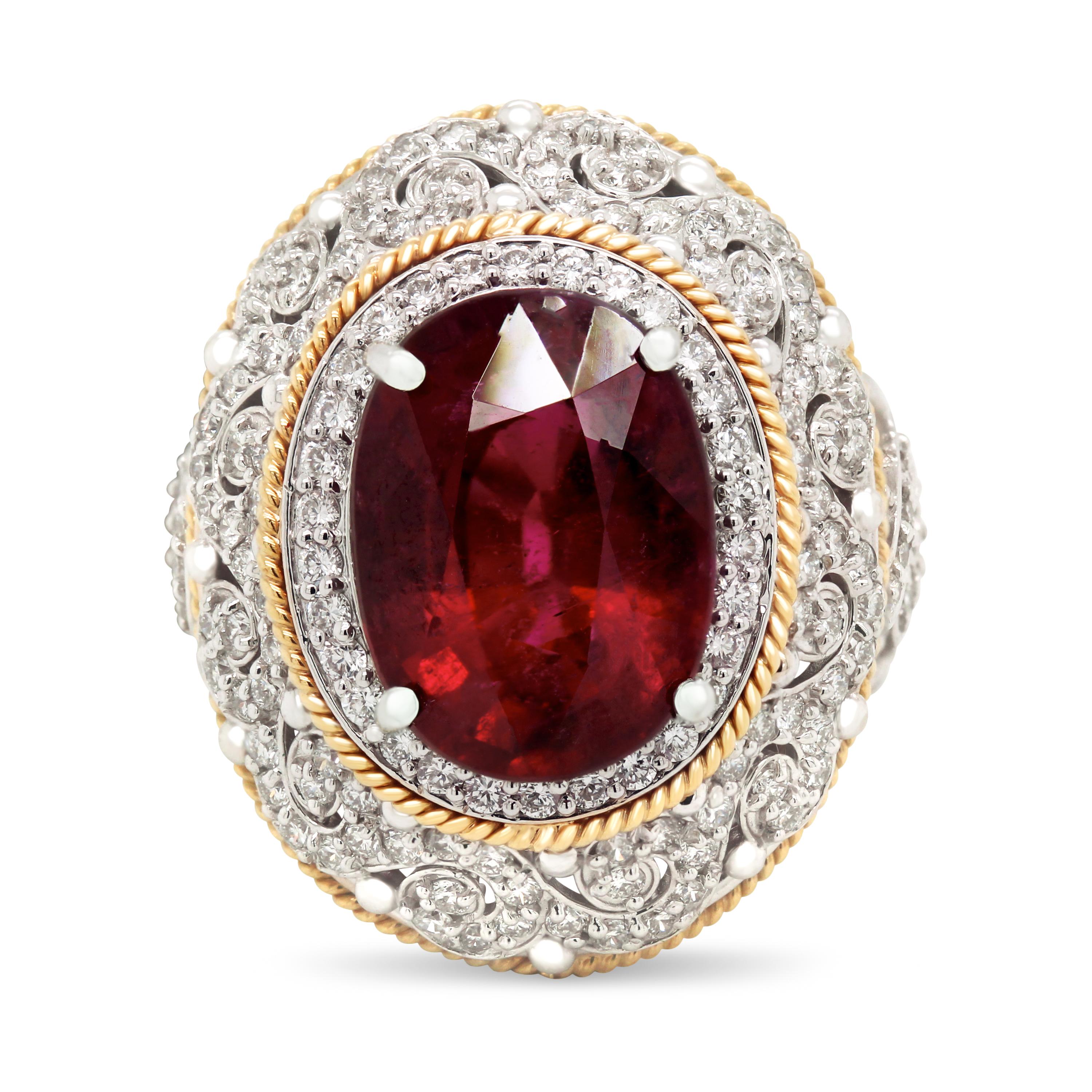 Stambolian 7.83 carat Rubelite Diamond 18K Yellow White Gold Cocktail Ring

This one-of-a-kind ring by Stambolian features a collectors quality Rubelite center that is set in this specially made ring with diamonds all throughout.

Rubelite is an