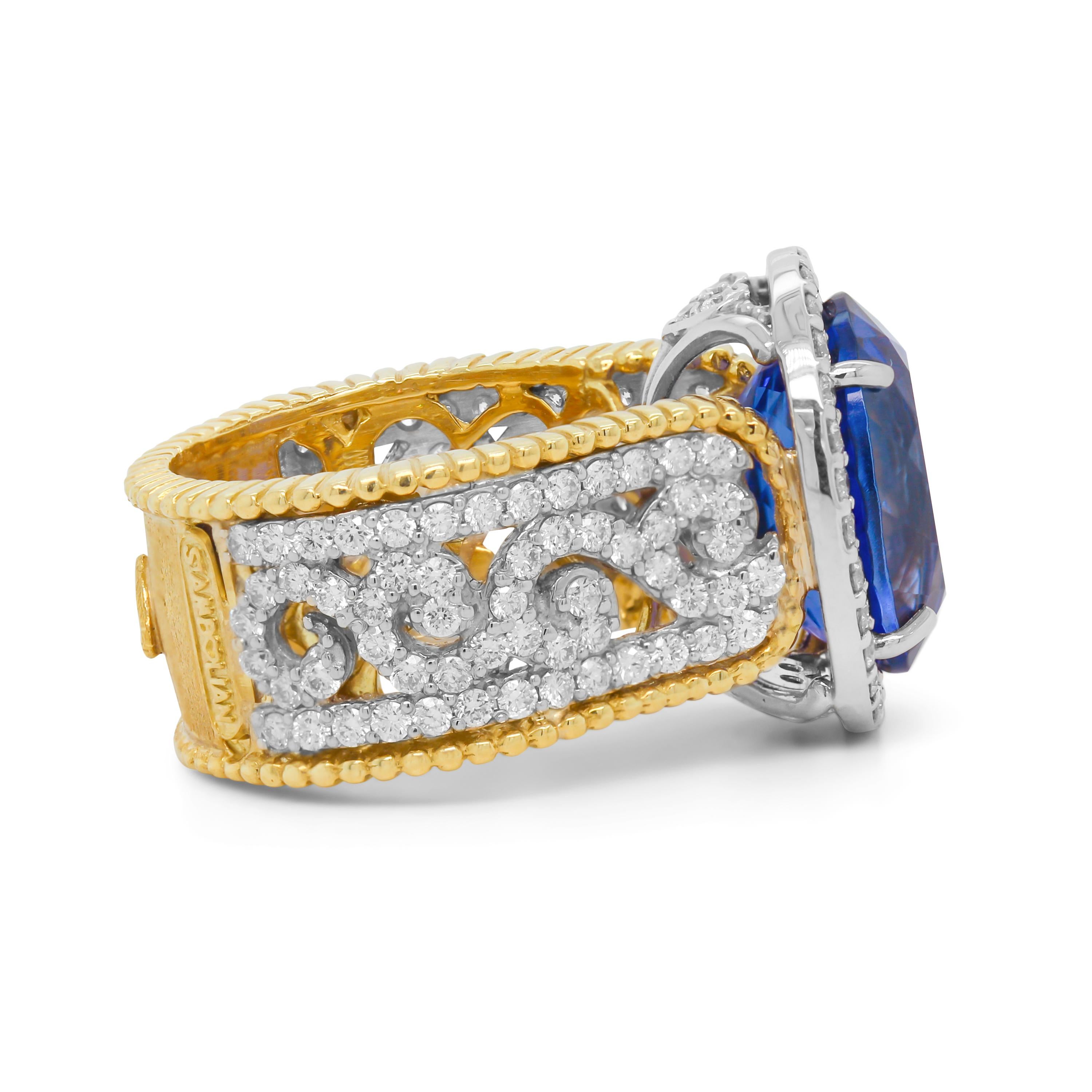 Stambolian 8.86 Carat Tanzanite 18K Two Tone Yellow White Gold Diamond Ring

This one-of-a-kind ring by Stambolian features a gorgeous, AAA quality Tanzanite center with vibrant color

8.86 carat Tanzanite center, oval-cut

1.72 carat G color, VS