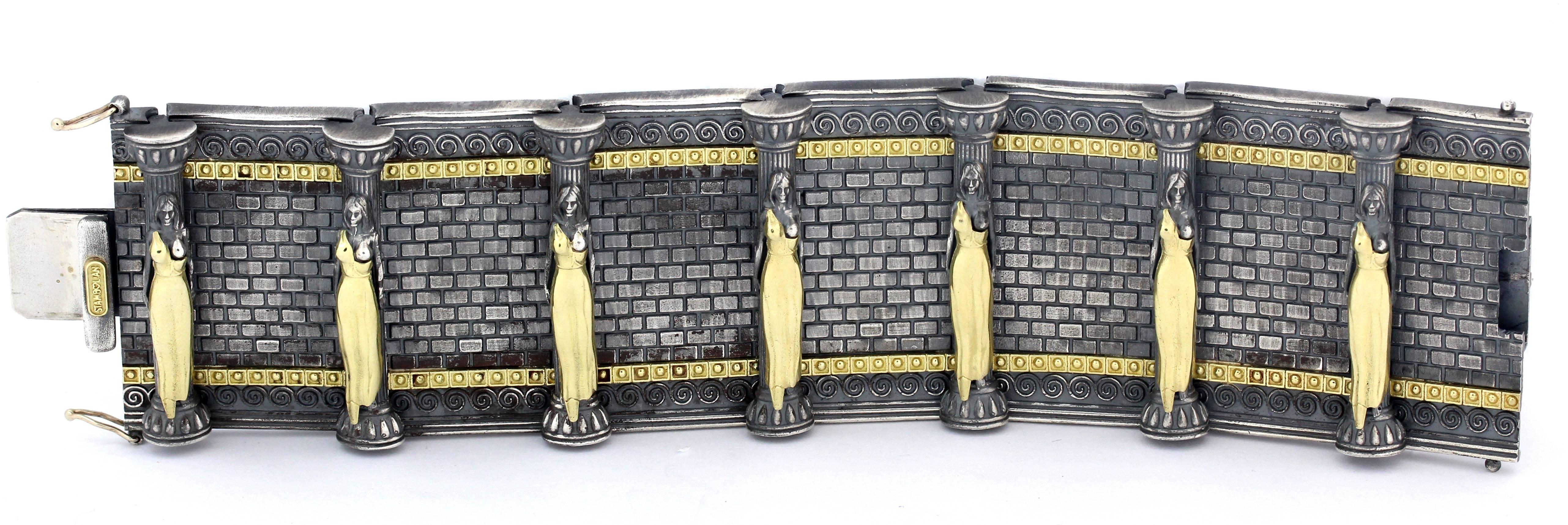 Women's Stambolian Aged Darkened Sterling Silver 18 Karat Gold Acropolis Wide Bracelet