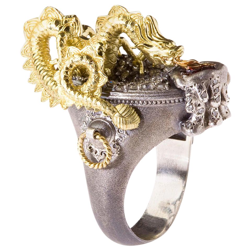 Stambolian Aged Silver 18 Karat Gold Milky and White Diamond Dragon Ring For Sale